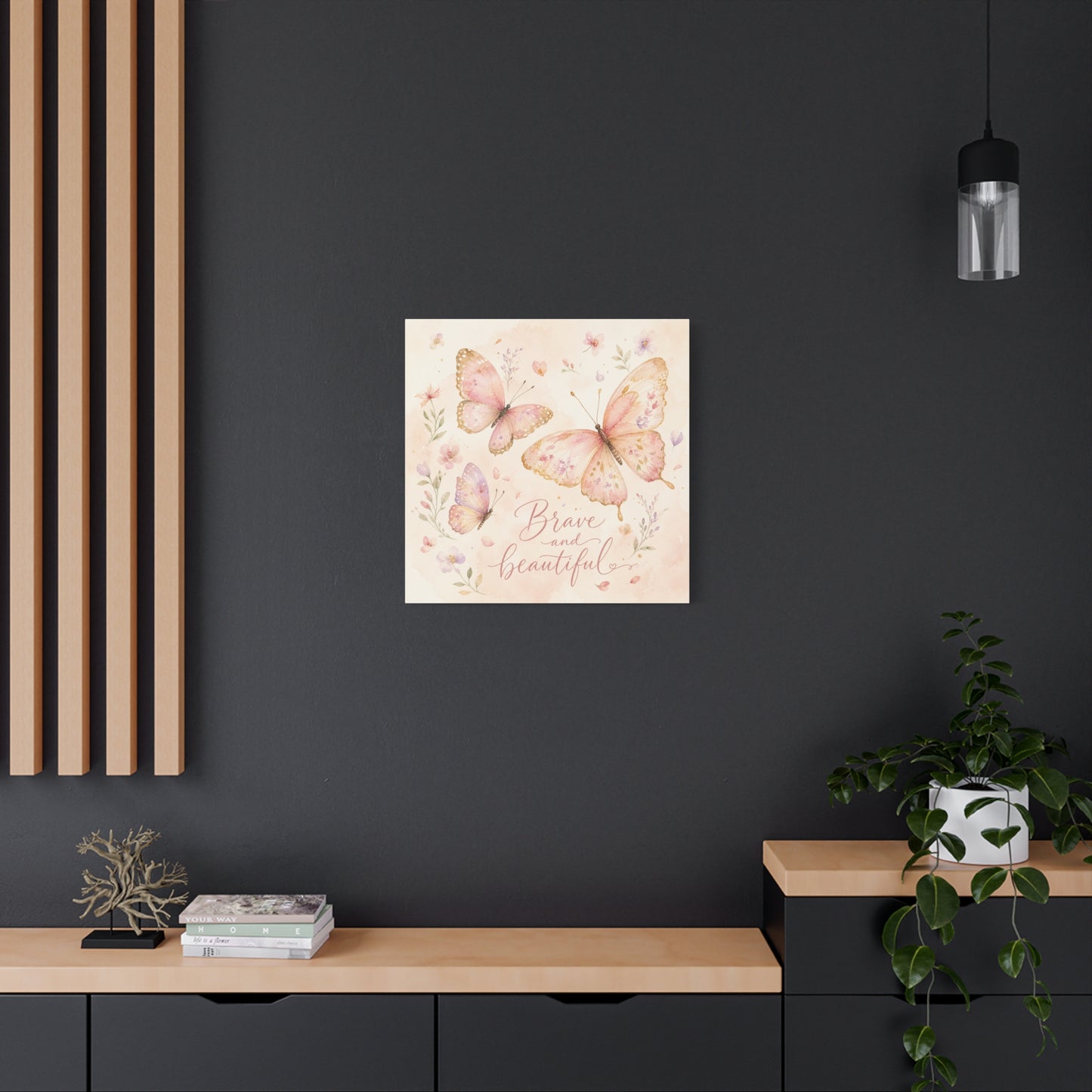 "Brave And Beautiful" Butterfly Canvas Wall Art - Pink Floral Watercolor Quote Print - Inspirational Girls Bedroom Decor - Nursery Wall Hanging - Bedroom Home Decoration - Modern Farmhouse Style