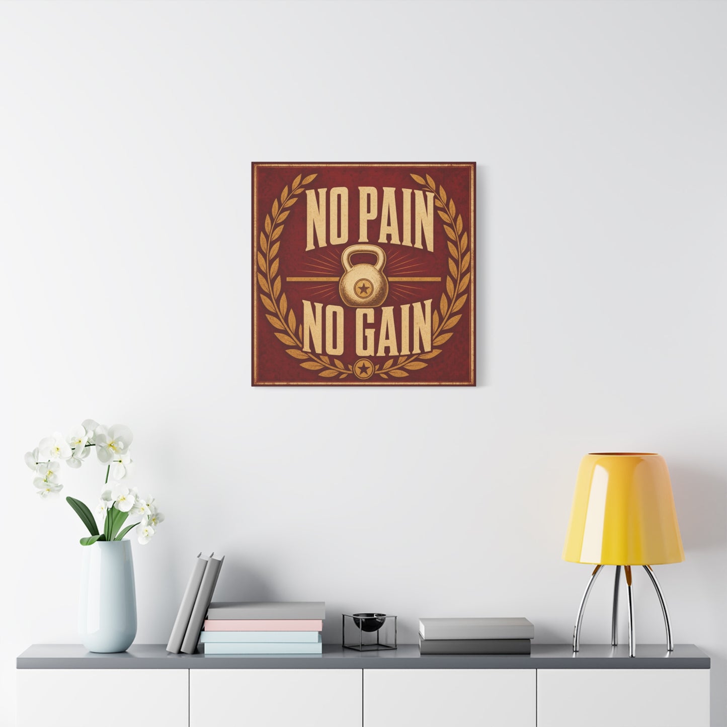 "No Pain No Gain" Kettlebell Canvas Wall Art - Vintage Gym Quote Decor, Rustic Typography Print, Motivational Fitness Poster Style - Room Decoration - Ready to Hang - Gym Wall Decor - HP Latex Print
