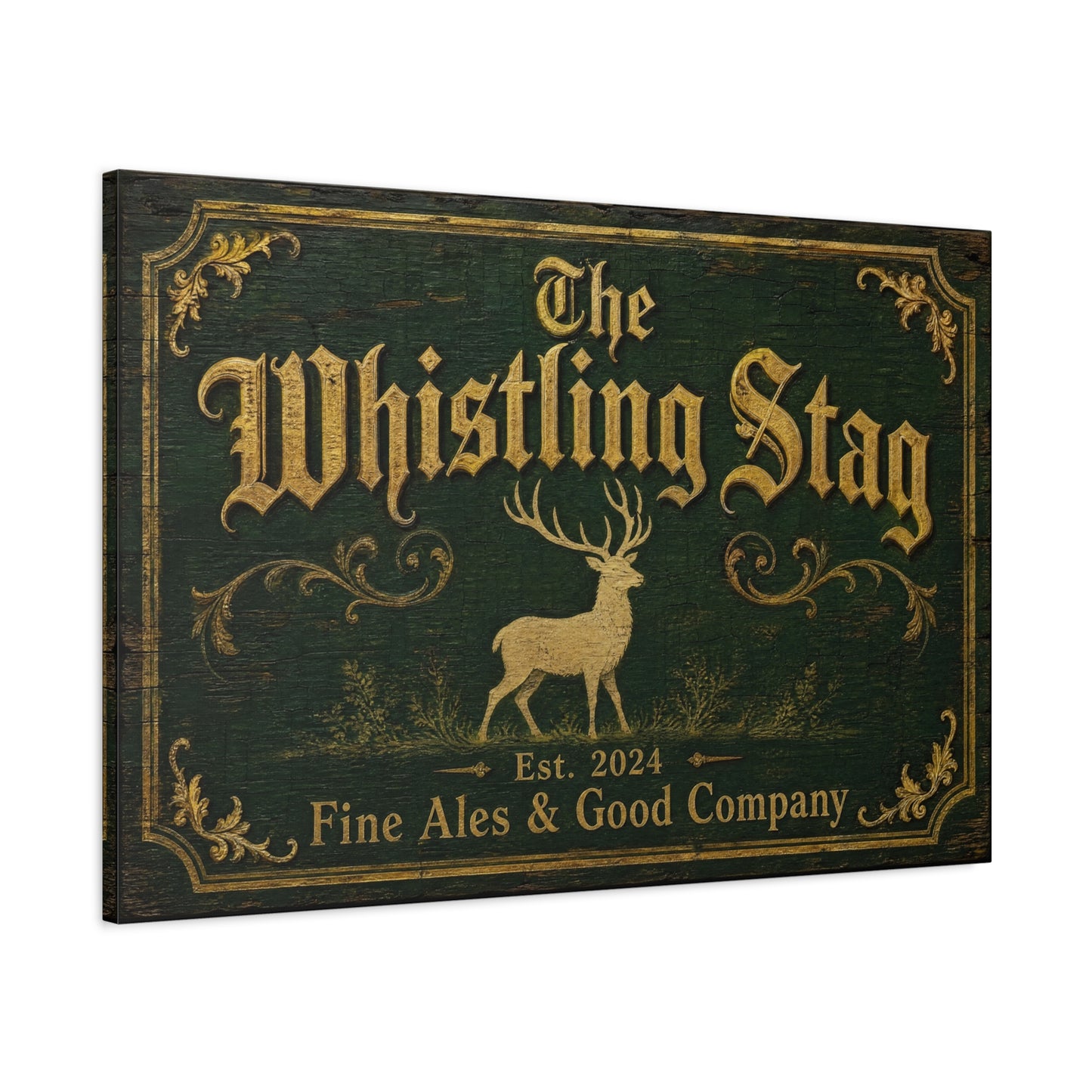 "The Whistling Stag" Canvas Wall Art - Vintage Deer Tavern Sign, Rustic Typography Print - Woodland Pub Style, Green And Gold - Bar Cart Accent - Ready to Hang - Pub Wall Art - Cocktail Lounge Decor