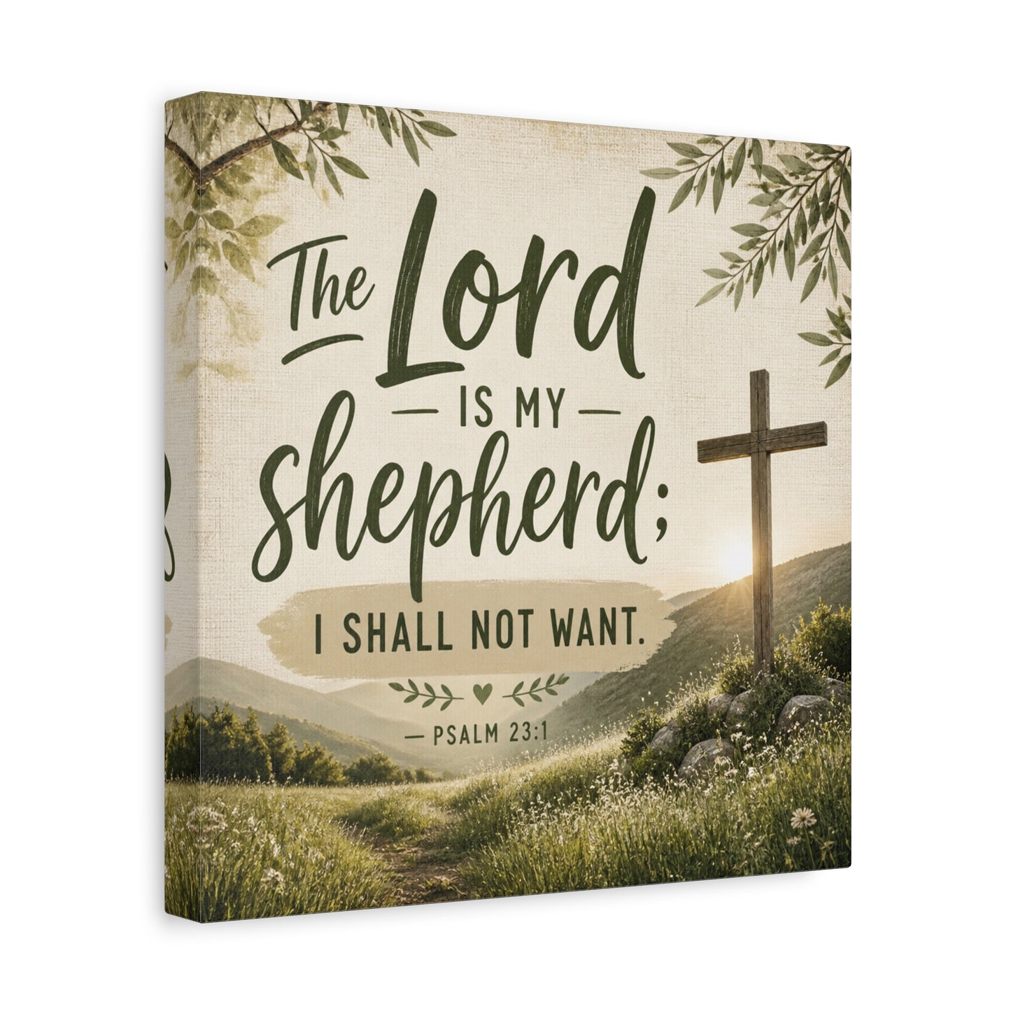 "The Lord Is My Shepherd, I Shall Not Want. - Psalm 23:1" Christian Canvas Wall Art - Rustic Cross Meadow Landscape, Farmhouse Scripture Decor, Bedroom Living Room Wall Hanging - Ready to Hang
