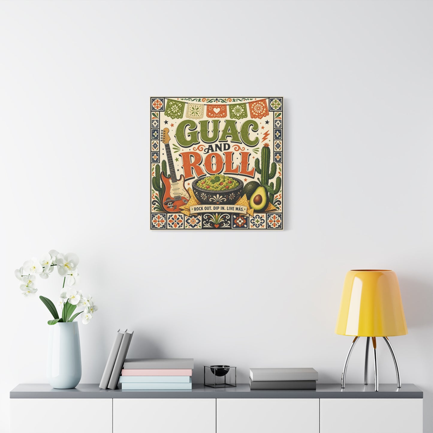 "Guac And Roll" Typography Canvas Wall Art - Fiesta Guitar, Cactus, Avocado Folk Illustration - Bohemian Rustic Style - Kitchen Wall Decor, Dining Room Accent, Cafe Wall Decor - Modern Farmhouse Style