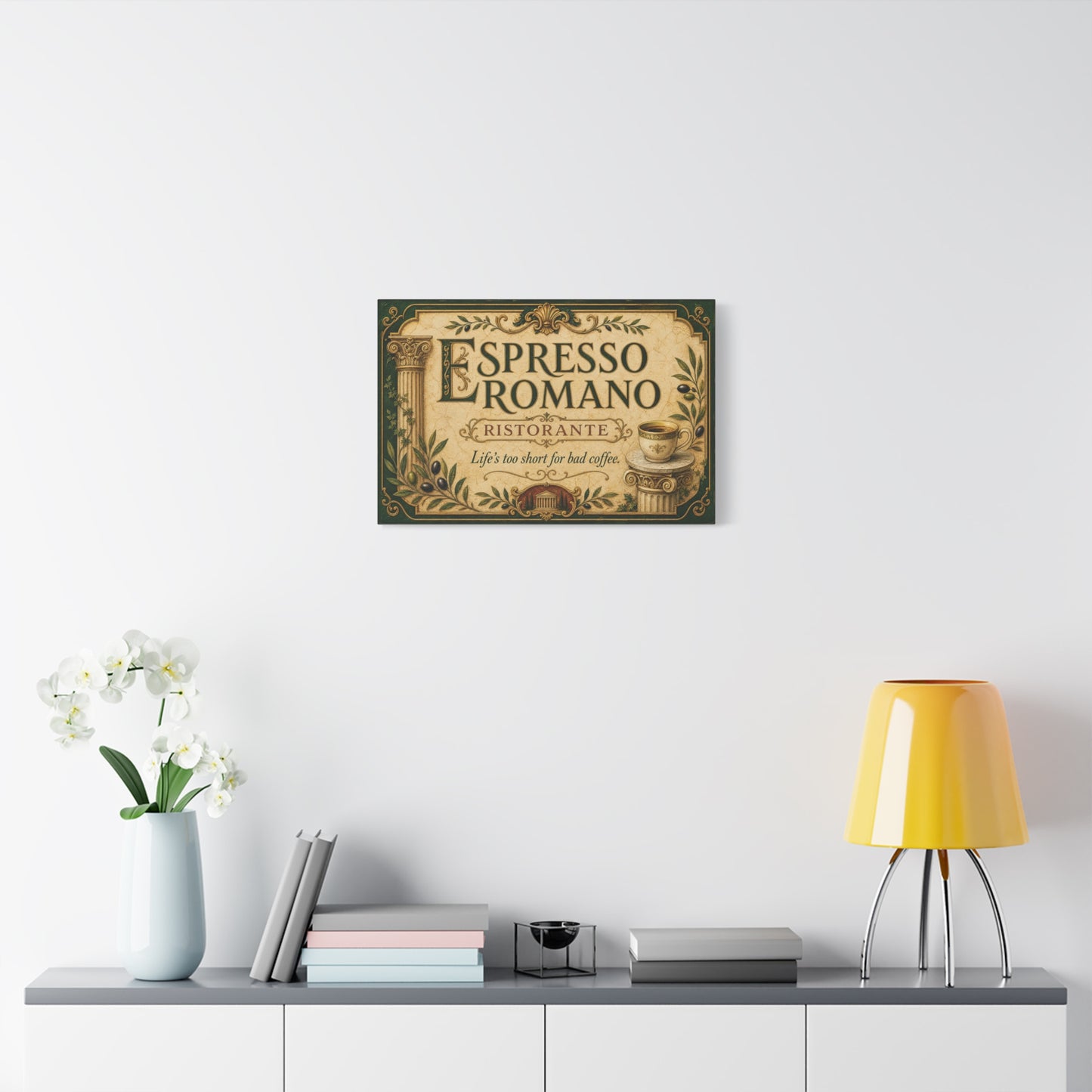 "Espresso Romano" Canvas Wall Art - "Life's Too Short For Bad Coffee." Vintage Italian Cafe Decor, Olive Branches, Roman Columns, Espresso Cup - Coffee Shop Decor - Cafe Wall Art - Ready to Hang