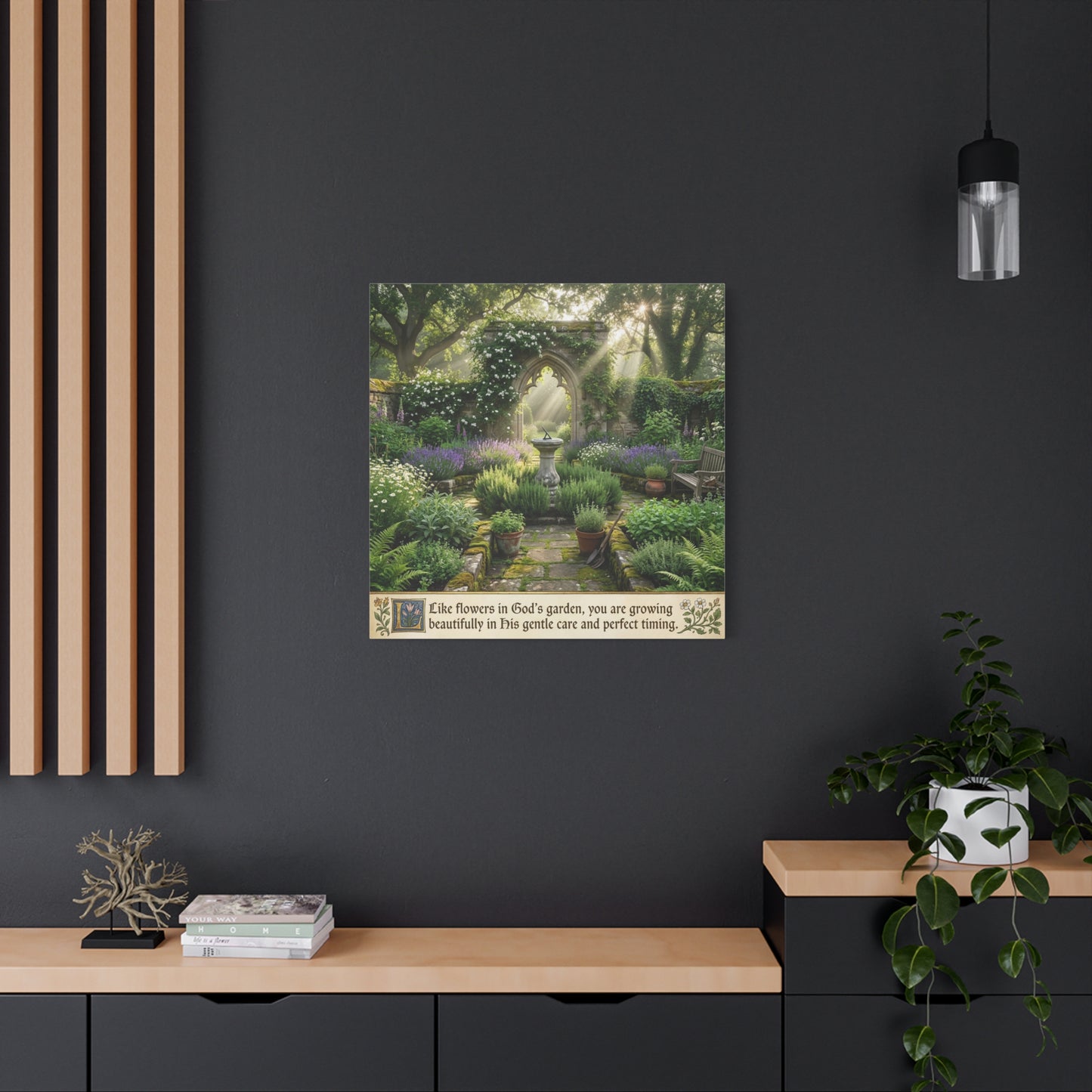"Like Flowers In God's Garden, You Are Growing Beautifully In His Gentle Care And Divine Timing" Canvas Wall Art - Sunlit Garden Arch, Botanical Landscape Print - Living Room Decor - Office Wall Art