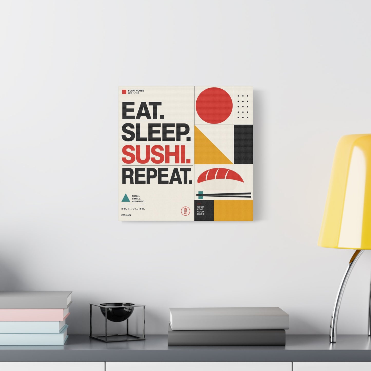 "Eat. Sleep. Sushi. Repeat." Sushi Canvas Wall Art - Japanese Typography Print, Geometric Food Poster Design - Modern Minimalist Cotton Canvas - Cafe Decor, Kitchen Accent, Dining Room Artwork