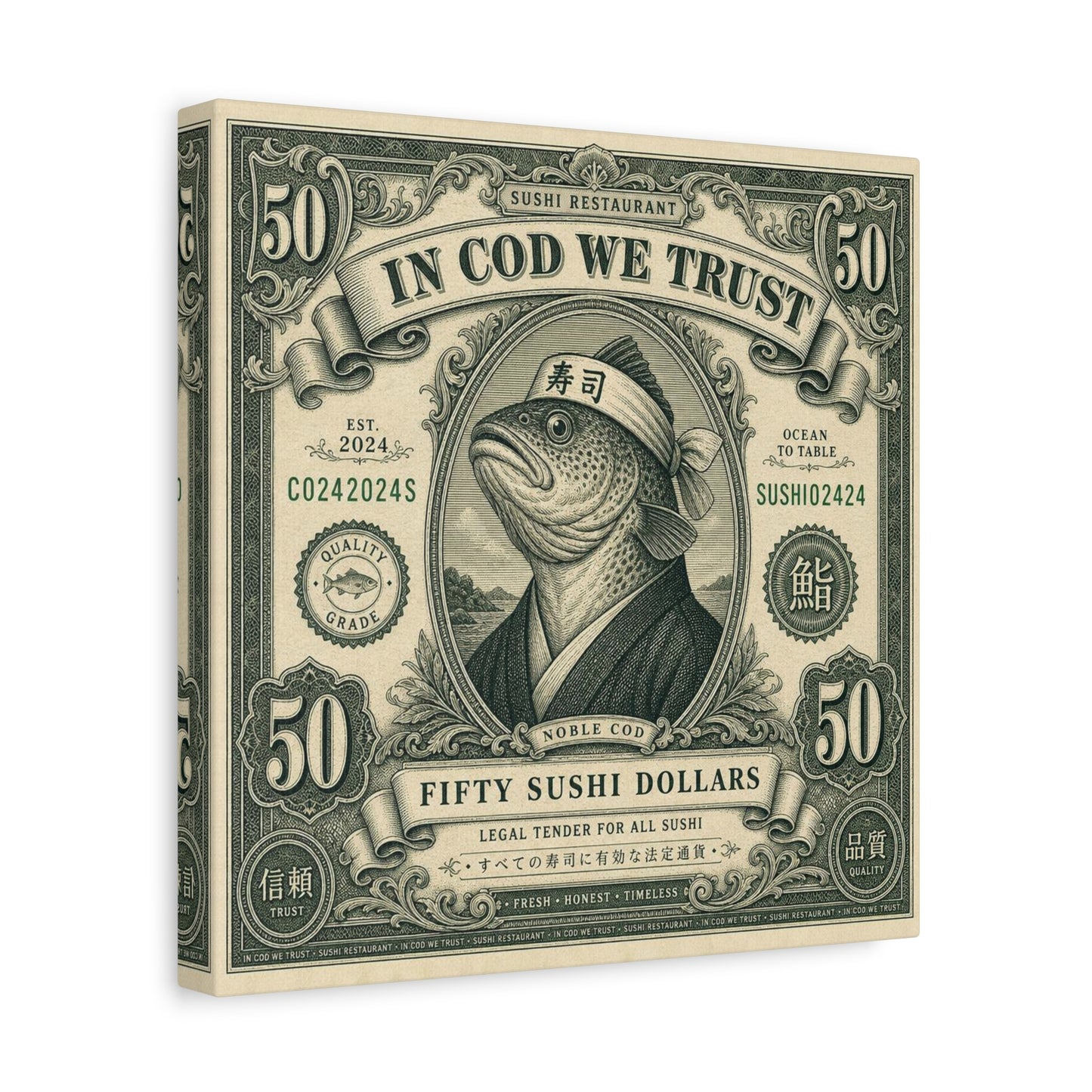 "In Cod We Trust" Sushi Restaurant Canvas Wall Art - Vintage Money Bill Fish Illustration, Typography Poster Style, Cotton Canvas Print, Cafe Decor, Dining Room Accent, Office Art - Ready to Hang