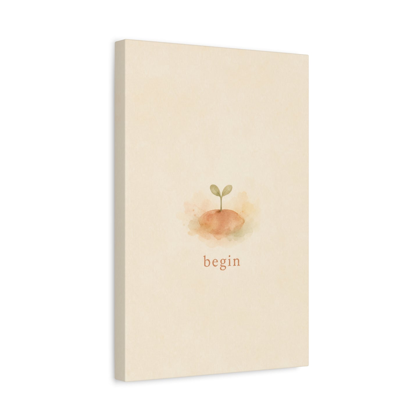 "Begin" Minimalist Sprout Canvas Wall Art - Inspirational Typography Print, Soft Beige Botanical Watercolor - Contemporary Neutral Decor For Bedroom, Nursery, Home Office, Meditation Space