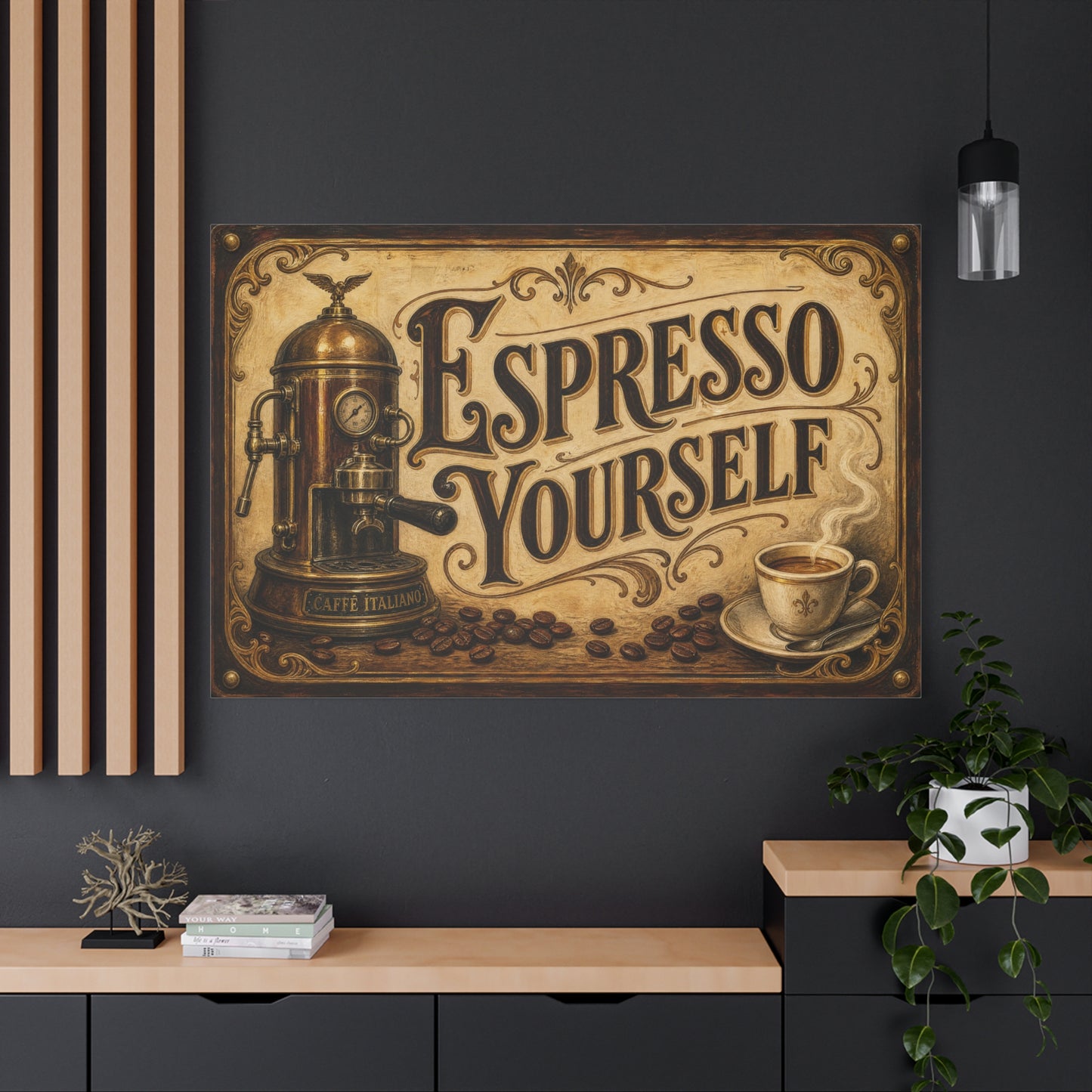 "Espresso Yourself" Coffee Canvas Wall Art - Vintage Espresso Machine, Cafe Decor - Matte Cotton Print, Rustic Farmhouse Style - Ready to Hang - Coffee Shop Decor - Cafe Wall Art - Matte Finish Print