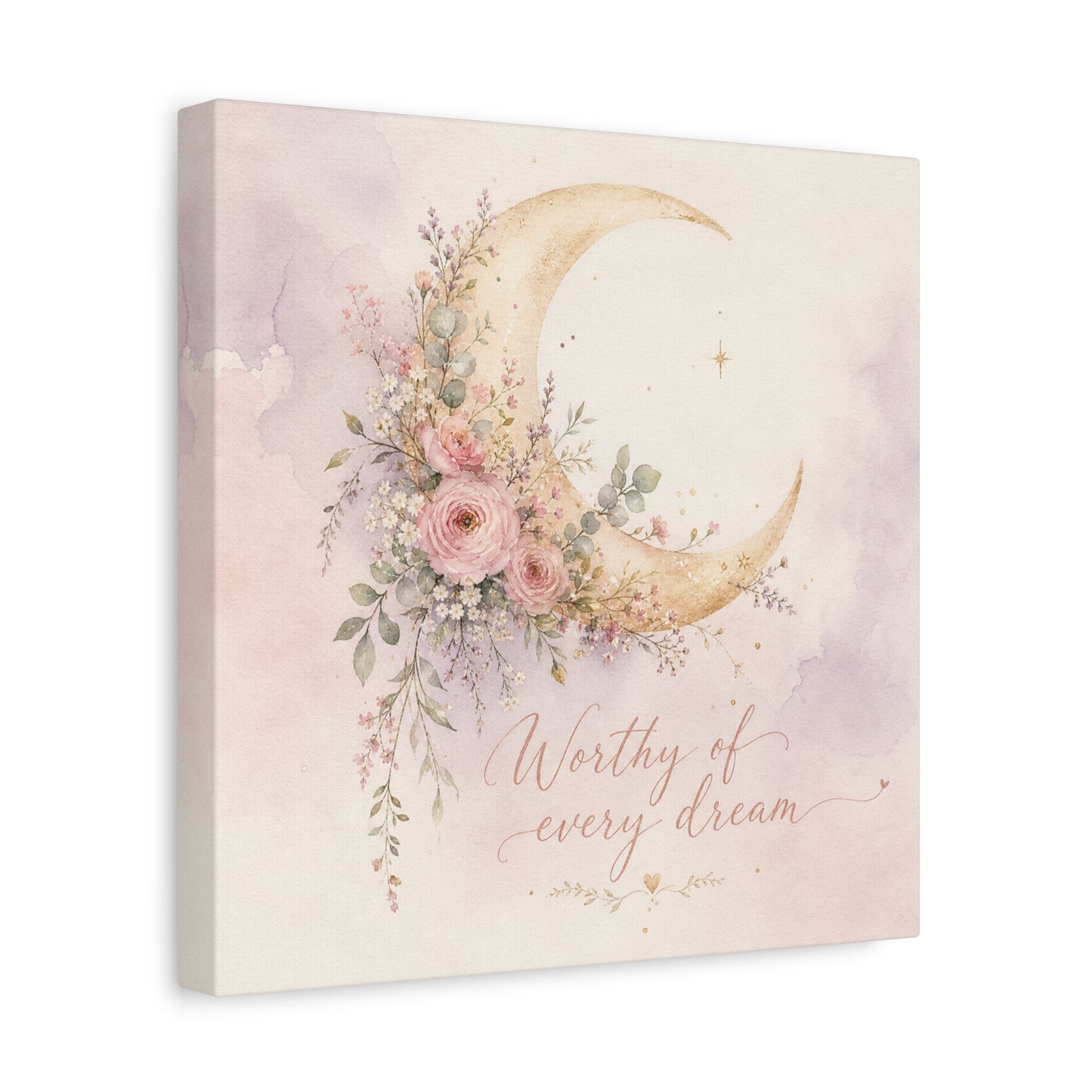 "Worthy Of Every Dream" Moon Canvas Wall Art - Floral Crescent, Inspirational Blush Gold Watercolor - Bohemian Bedroom Wall Decor - Nursery Home Decoration - Bedroom Home Decoration - Ready to Hang