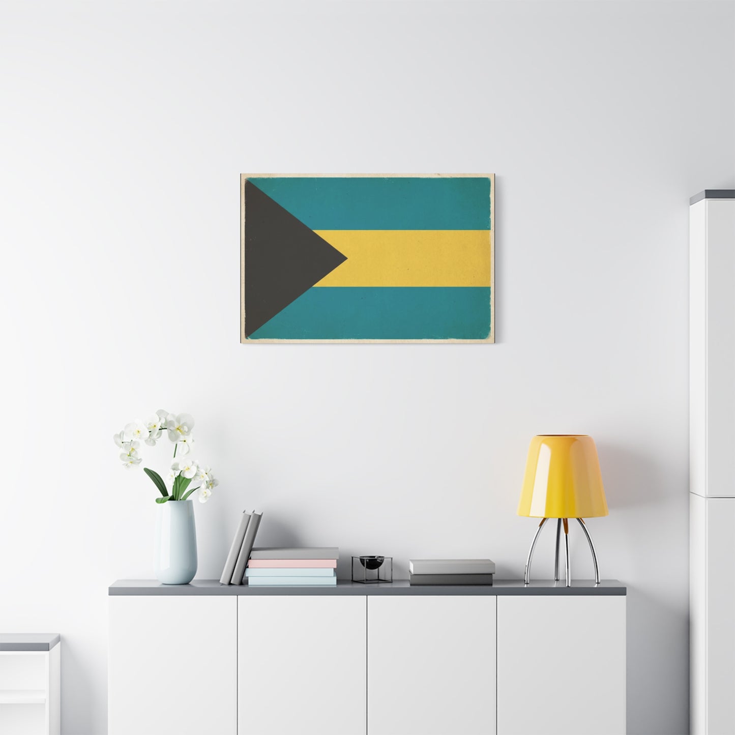 Bahamas Flag Canvas Wall Art - Vintage Caribbean National Flag Print, Blue Yellow Black Geometric Design - Coastal Decor - Living Room Home Decoration - Living Room Wall Decor - Modern Farmhouse Style
