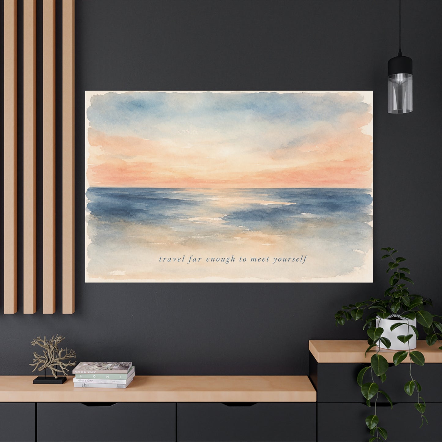 "Travel Far Enough To Meet Yourself" Coastal Canvas Wall Art - Watercolor Ocean Sunset Quote Print - Serene Beach Seascape Decor - Bedroom Living Room Wall Decor - Bedroom Home Decoration