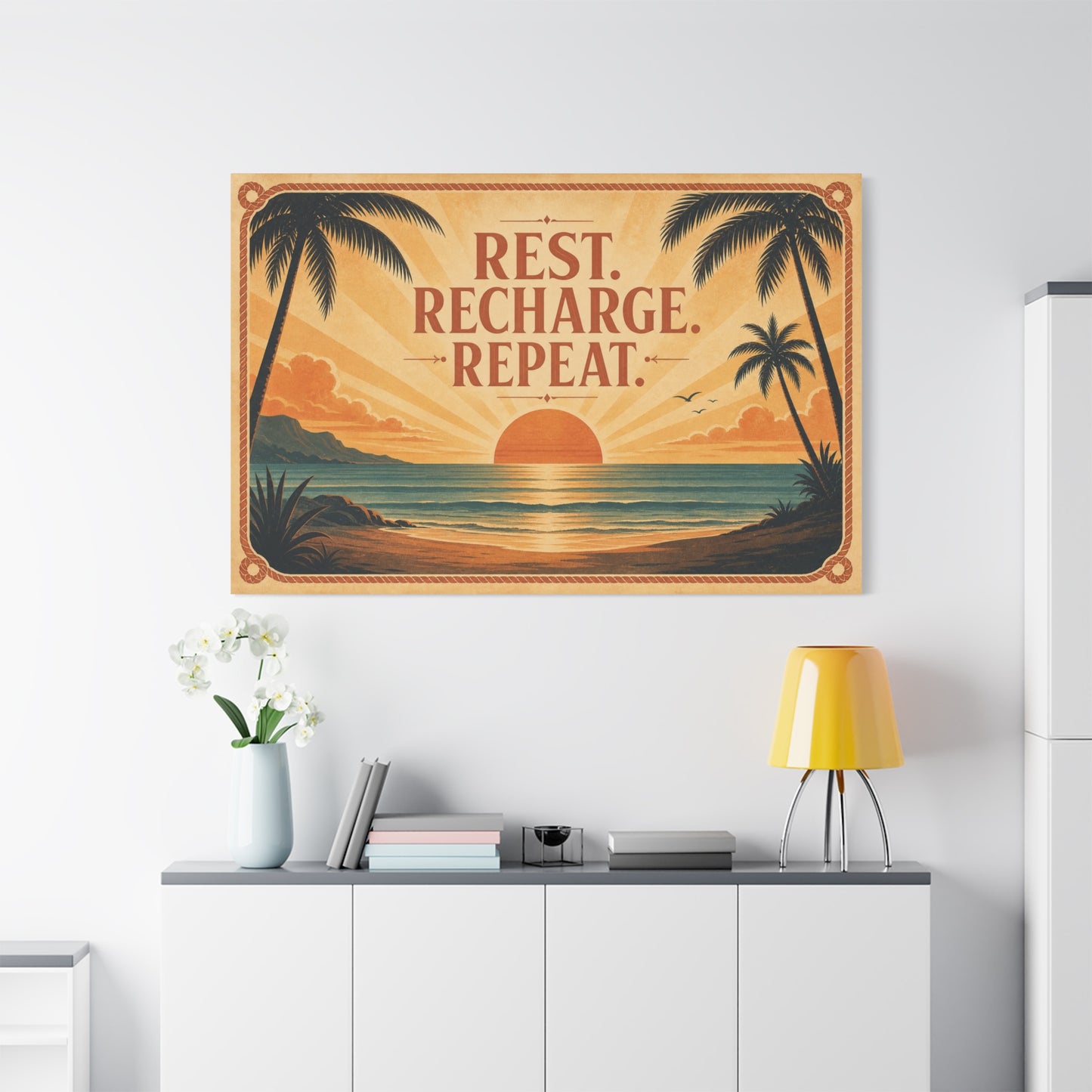 "Rest. Recharge. Repeat." Tropical Beach Sunset Canvas Wall Art - Vintage Coastal Typography, Retro Palm Tree Ocean Scene, Living Room Wall Decor, Bedroom Home Decoration - Bedroom Home Decoration