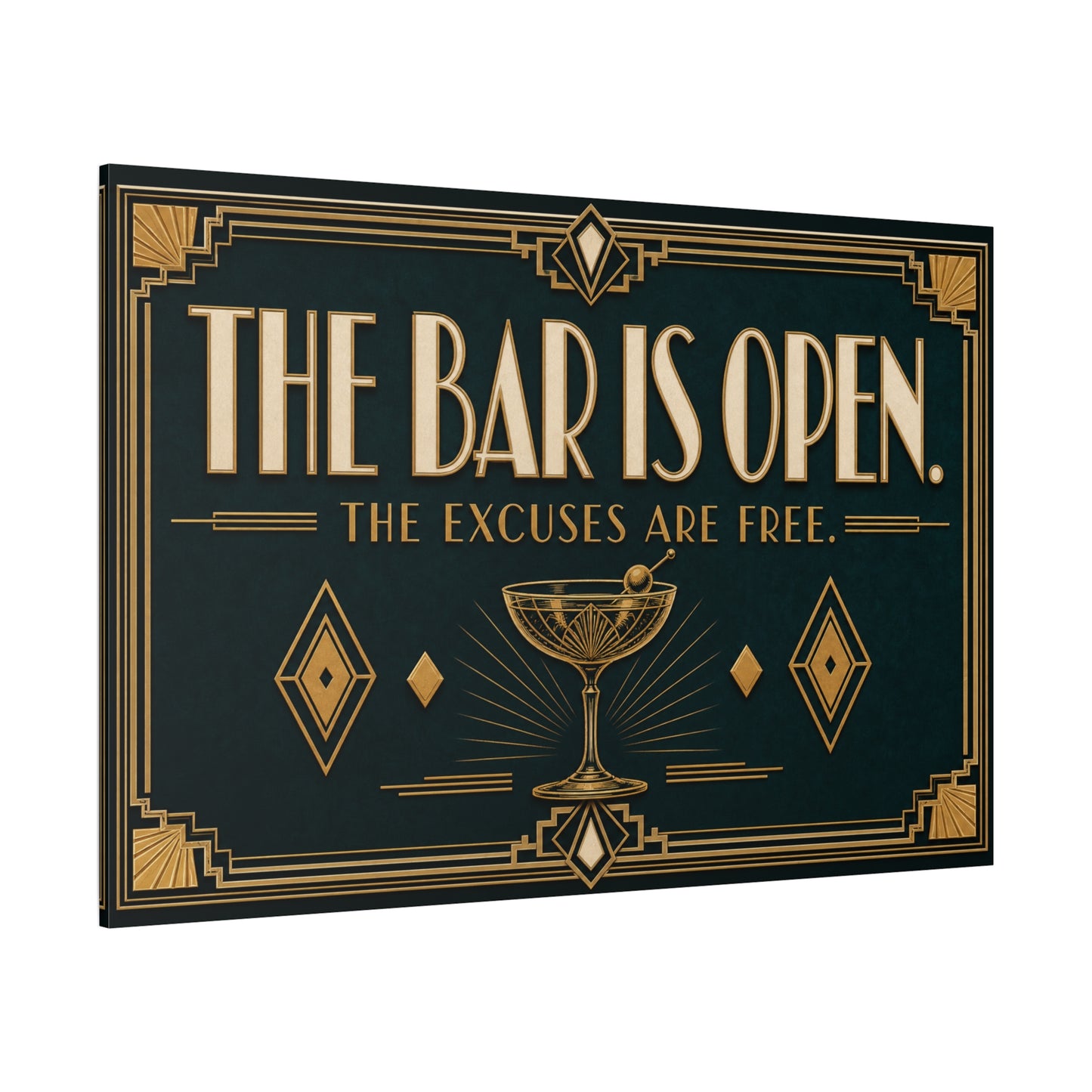 "The Bar Is Open. The Excuses Are Free." Art Deco Canvas Wall Art - Cocktail Lounge Quote Print, Vintage Bar Cart Decor, Speakeasy Style - Ready to Hang - Tavern Wall Decor - Speakeasy Style Sign
