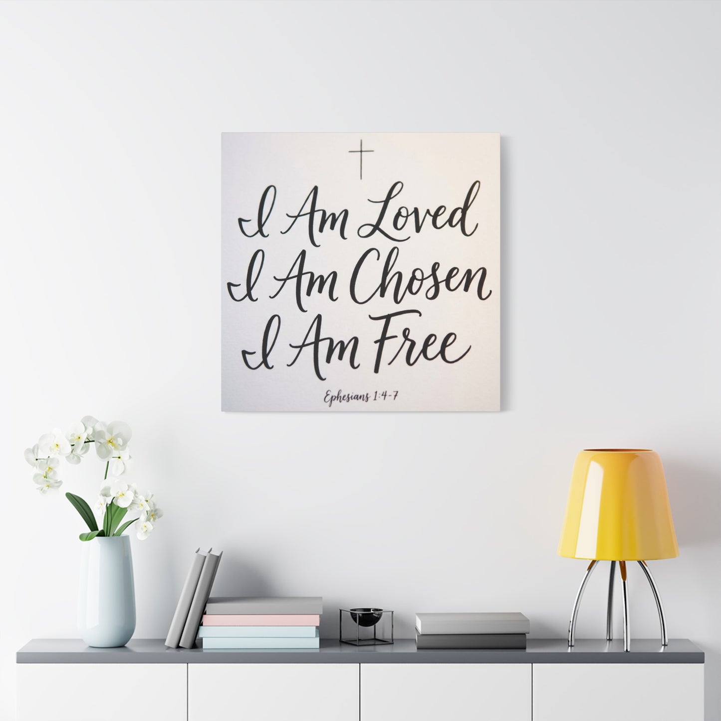 "I Am Loved, Chosen, Free" Christian Canvas Wall Art - Ephesians 1:4-7 Scripture Cross Print - Neutral Typography Decor - Bedroom Home Decoration, Living Room Wall Decor - Ready to Hang