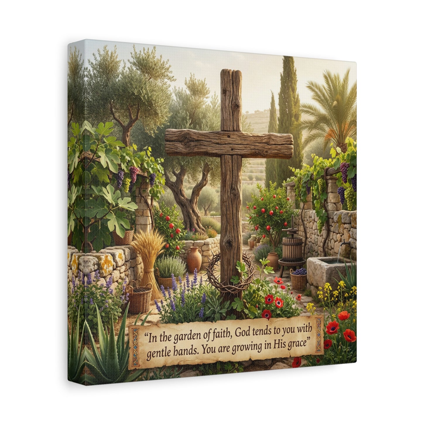 "In The Garden Of Faith, God Tends To You With Gentle Hands. You Are Growing In His Grace" Canvas Wall Art - Rustic Wooden Cross, Christian Garden Scene - Living Room Wall Decor - Ready to Hang