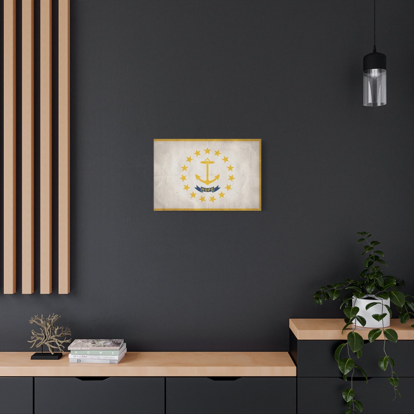 "HOPE" Rhode Island Flag Canvas Wall Art - Anchor And Stars State Print, Vintage Nautical Decor - Minimalist Gold Blue Design - Living Room Wall Decor - Bedroom Home Decoration - Cozy Reading Nook Art