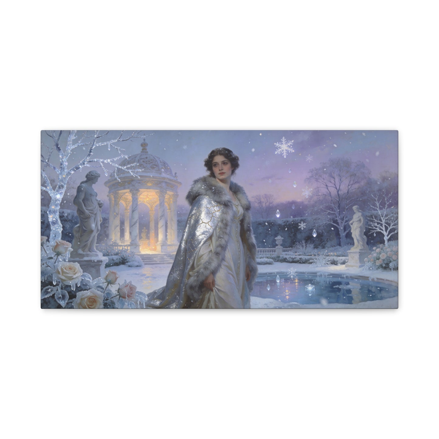 Winter Garden Woman Canvas Wall Art - Snowy Pavilion, Frosted Roses, Classical Statues - Ethereal Traditional Painting - Bedroom Wall Decor, Living Room Home Accent - Bedroom Home Decoration