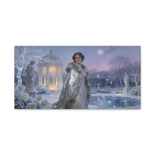 Winter Garden Woman Canvas Wall Art - Snowy Pavilion, Frosted Roses, Classical Statues - Ethereal Traditional Painting - Bedroom Wall Decor, Living Room Home Accent - Bedroom Home Decoration