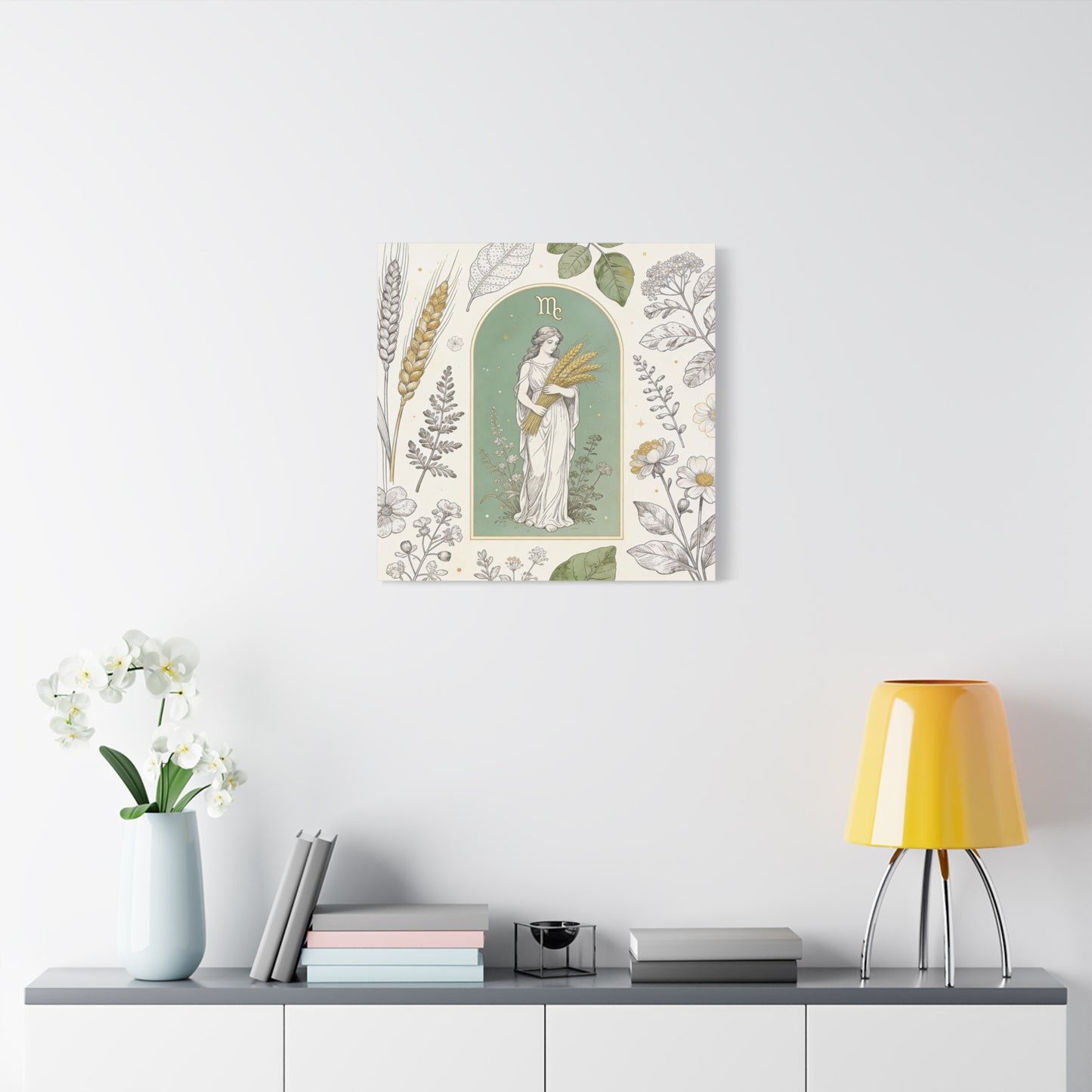 Virgo Zodiac Canvas Wall Art - Botanical Maiden Holding Wheat, Celestial Illustration - Sage Green Gold Cotton Print - Vintage Astrology Decor, Bedroom Wall Hanging Accent - Bedroom Home Decoration