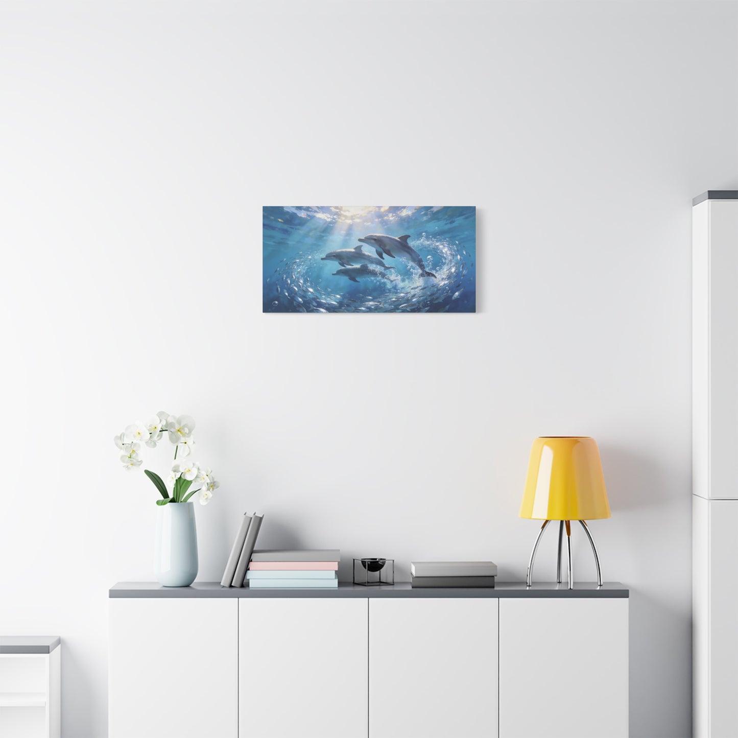 Dolphin Ocean Canvas Wall Art - Blue Underwater Marine Life Scene, Sunbeam Seascape Print - Coastal Style, Serene Living Room Wall Decor, Bedroom Home Decoration Accent - Bedroom Home Decoration
