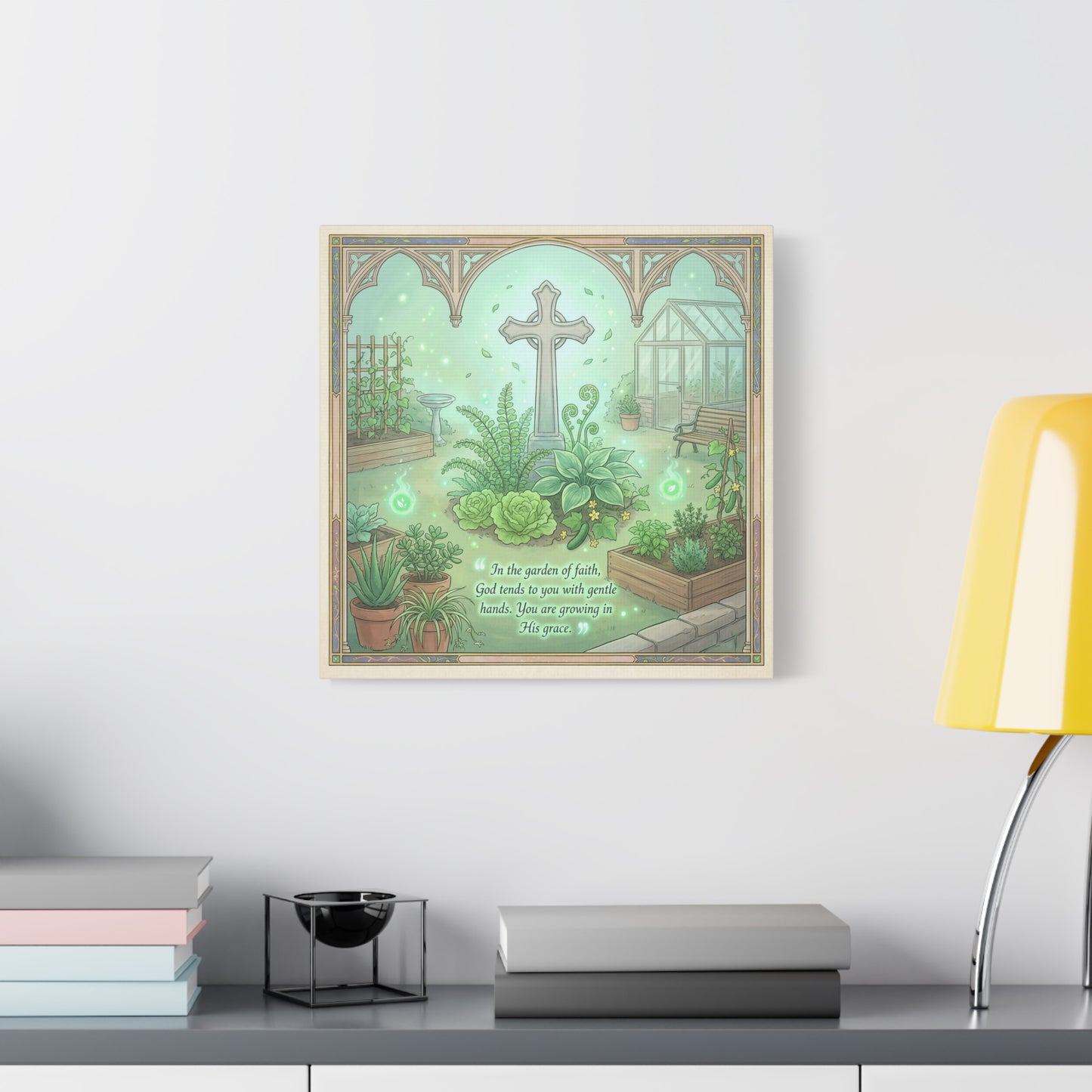 "In The Garden Of Faith" Christian Canvas Wall Art - Cross Garden Quote Print - Botanical Scripture Decor, Matte Cotton Canvas - Traditional Religious Wall Decor For Bedroom Office - Ready to Hang