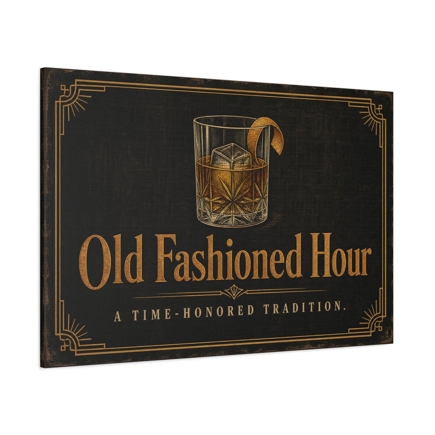 "Old Fashioned Hour" Canvas Wall Art - Vintage Whiskey Glass Quote Print, Art Deco Bar Cart Decor - Matte Cotton Wall Hanging - Speakeasy Lounge Style, Home Bar - Ready to Hang - Cocktail Lounge Decor