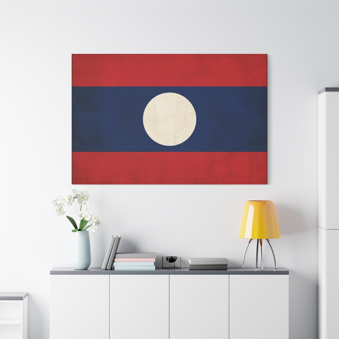 Laos Flag Canvas Wall Art - Vintage Lao National Flag Print, Red Blue White Circle - Minimalist Patriotic Decor - Living Room Home Decoration - Bedroom Home Decoration - Living Room Wall Decor