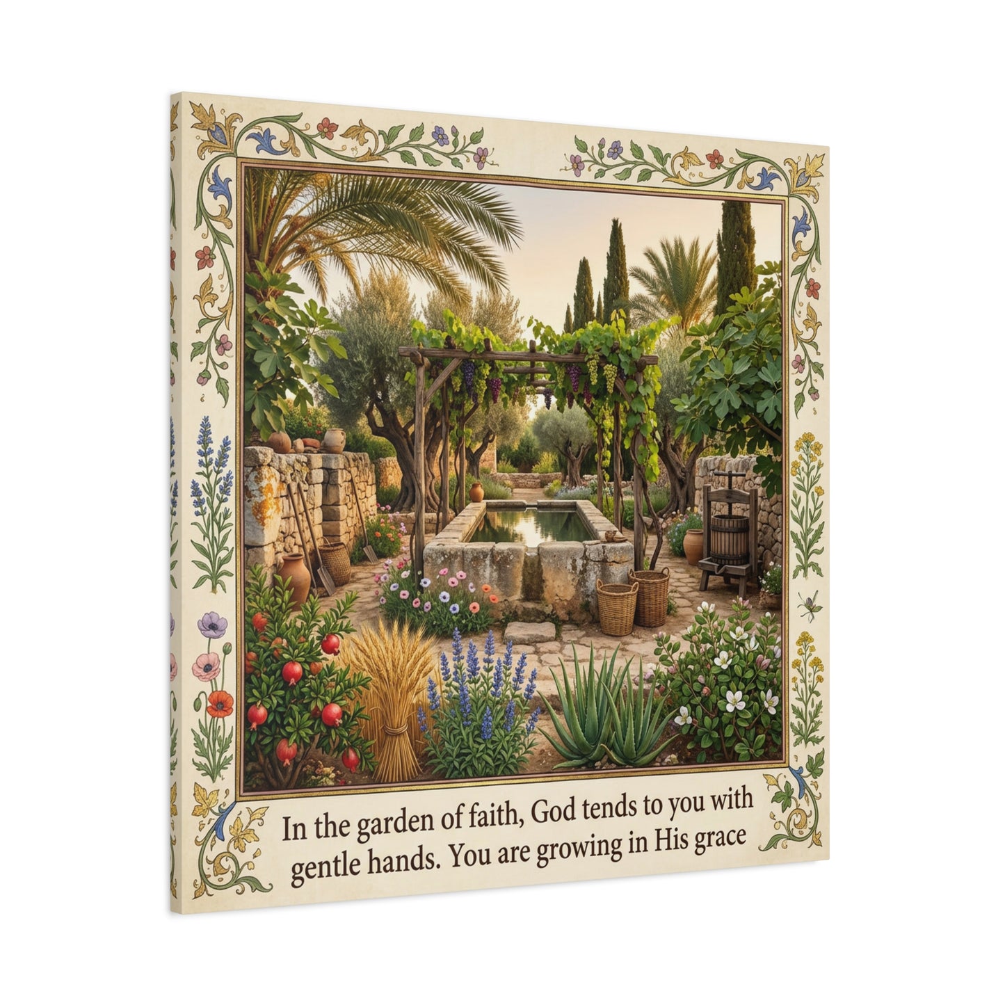 "In The Garden Of Faith, God Tends To You" Canvas Wall Art - Biblical Garden Scripture Print, Floral Border, Rustic Mediterranean Courtyard Scene - Christian Home Decor For Living Room - Ready to Hang