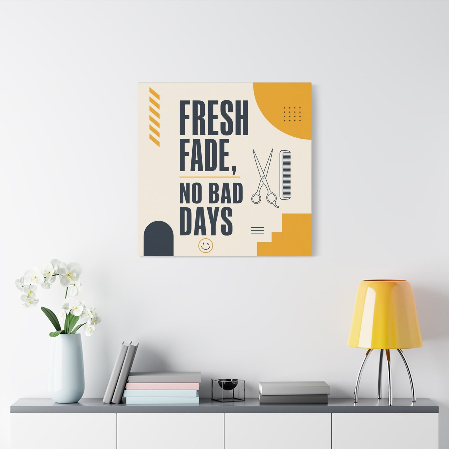 "Fresh Fade, No Bad Days" Barber Shop Canvas Wall Art - Scissors And Comb Typography Print - Modern Yellow Black Salon Decor - Workspace Wall Decor, Lobby Wall Art Accent - Gallery Wrapped Canvas