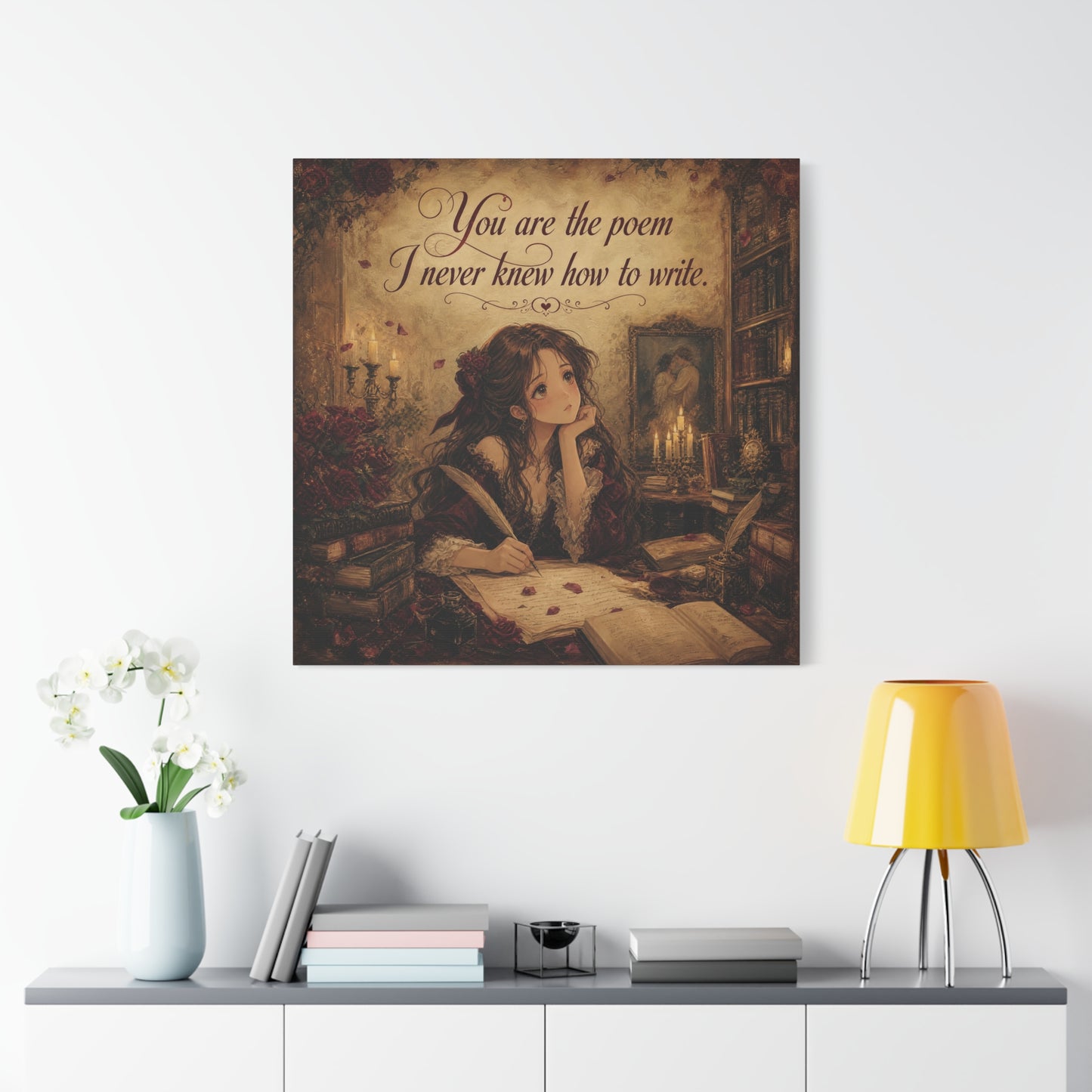 "You Are The Poem I Never Knew How To Write" Quote Canvas Wall Art - Romantic Gothic Library Girl Illustration - Vintage Brown Decor - Bedroom Wall Hanging, Teenager Room Decor - Ready to Hang