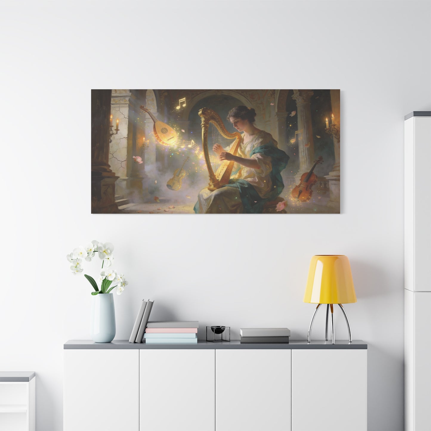Woman Playing Harp Canvas Wall Art - Romantic Music Painting, Glowing Notes, Violin And Lute - Matte Cotton Print - Traditional Style, Living Room Wall Decor, Bedroom Accent - Bedroom Home Decoration