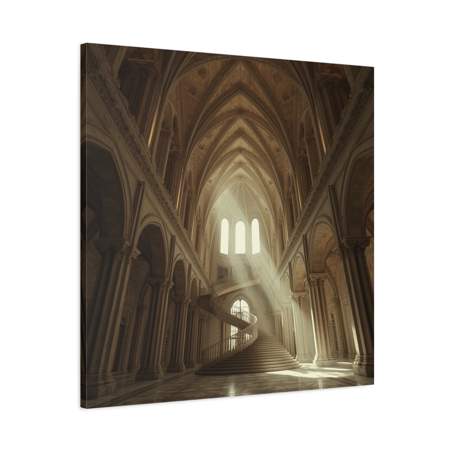Gothic Cathedral Interior Canvas Wall Art - Sunlit Spiral Staircase, Religious Architecture Print - Matte Cotton Canvas - Traditional Style - Living Room Wall Decor, Office Art - Ready to Hang