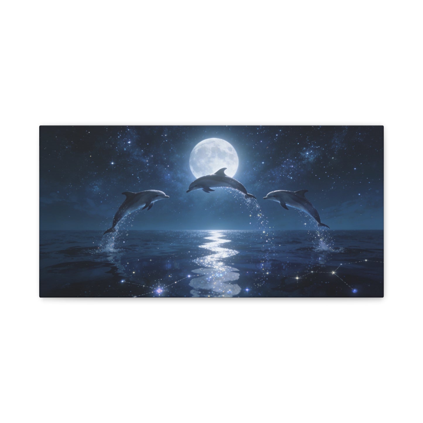 Moonlit Dolphin Canvas Wall Art - Starry Ocean Night Seascape Print - Celestial Blue Marine Decor, Matte Cotton Artwork - Bedroom Wall Decor, Living Room Home Decoration - Bedroom Home Decoration