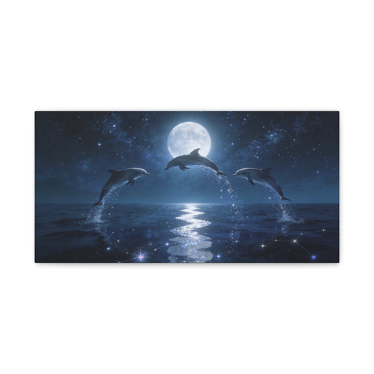 Moonlit Dolphin Canvas Wall Art - Starry Ocean Night Seascape Print - Celestial Blue Marine Decor, Matte Cotton Artwork - Bedroom Wall Decor, Living Room Home Decoration - Bedroom Home Decoration