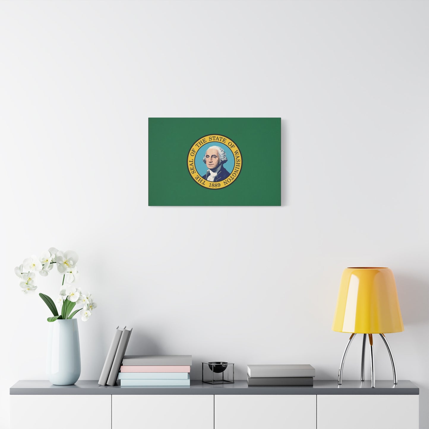 "THE SEAL OF THE STATE OF WASHINGTON 1889" Flag Canvas Wall Art - George Washington State Pride Decor - Green Gold Historic Print - Living Room Home Decoration, Office Wall Accent - Ready to Hang