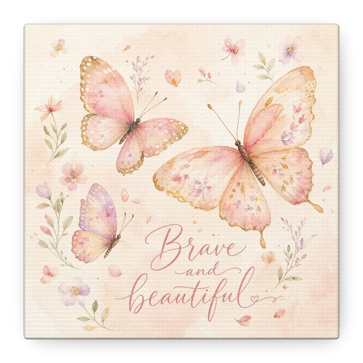 "Brave And Beautiful" Butterfly Canvas Wall Art - Pink Floral Watercolor Quote Print - Inspirational Girls Bedroom Decor - Nursery Wall Hanging - Bedroom Home Decoration - Modern Farmhouse Style