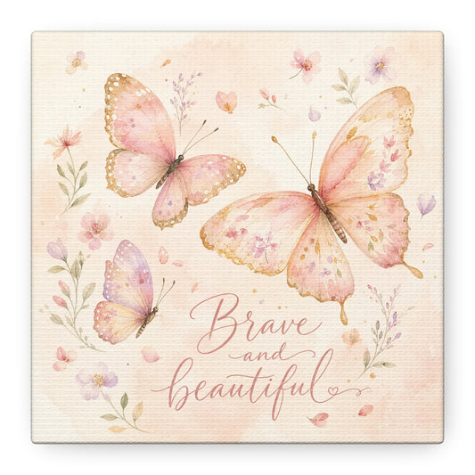 "Brave And Beautiful" Butterfly Canvas Wall Art - Pink Floral Watercolor Quote Print - Inspirational Girls Bedroom Decor - Nursery Wall Hanging - Bedroom Home Decoration - Modern Farmhouse Style