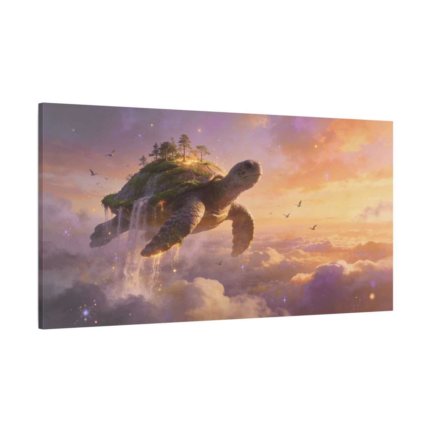 Flying Sea Turtle Canvas Wall Art - Fantasy Sky Island, Waterfall Clouds, Dreamy Surreal Canvas Print - Contemporary Celestial Style - Living Room Wall Decor, Bedroom Home Accent - Ready to Hang