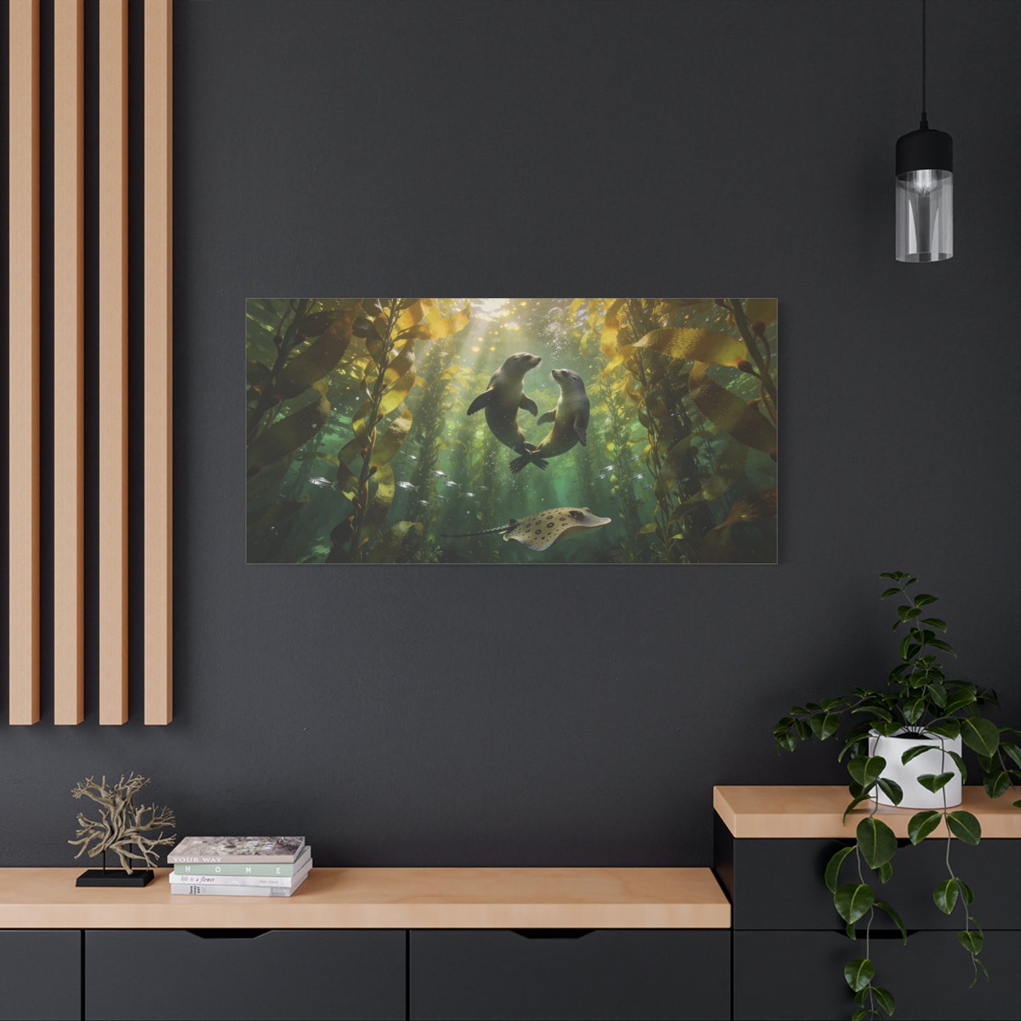 Sea Lion Kelp Forest Canvas Wall Art - Underwater Ocean Wildlife Print, Sunbeam Marine Scene, Matte Cotton Decor - Coastal Style Living Room Wall Decor, Bedroom Home Decoration - Cozy Reading Nook Art