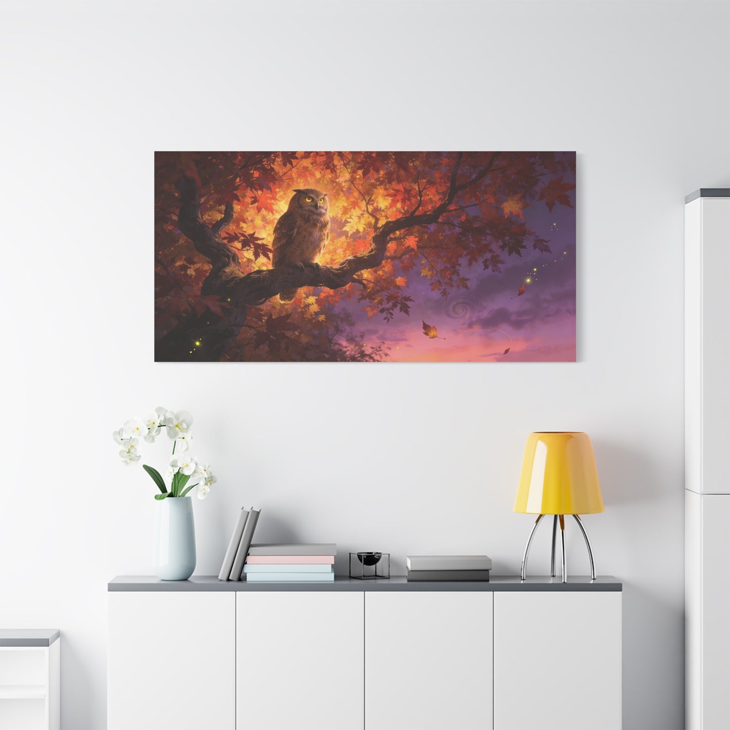 Owl Canvas Wall Art - Autumn Tree Branch Wildlife Illustration, Glowing Twilight Sky - Matte Canvas Print, Rustic Nature Style - Living Room Wall Decor, Bedroom Home Decoration - Cozy Reading Nook Art
