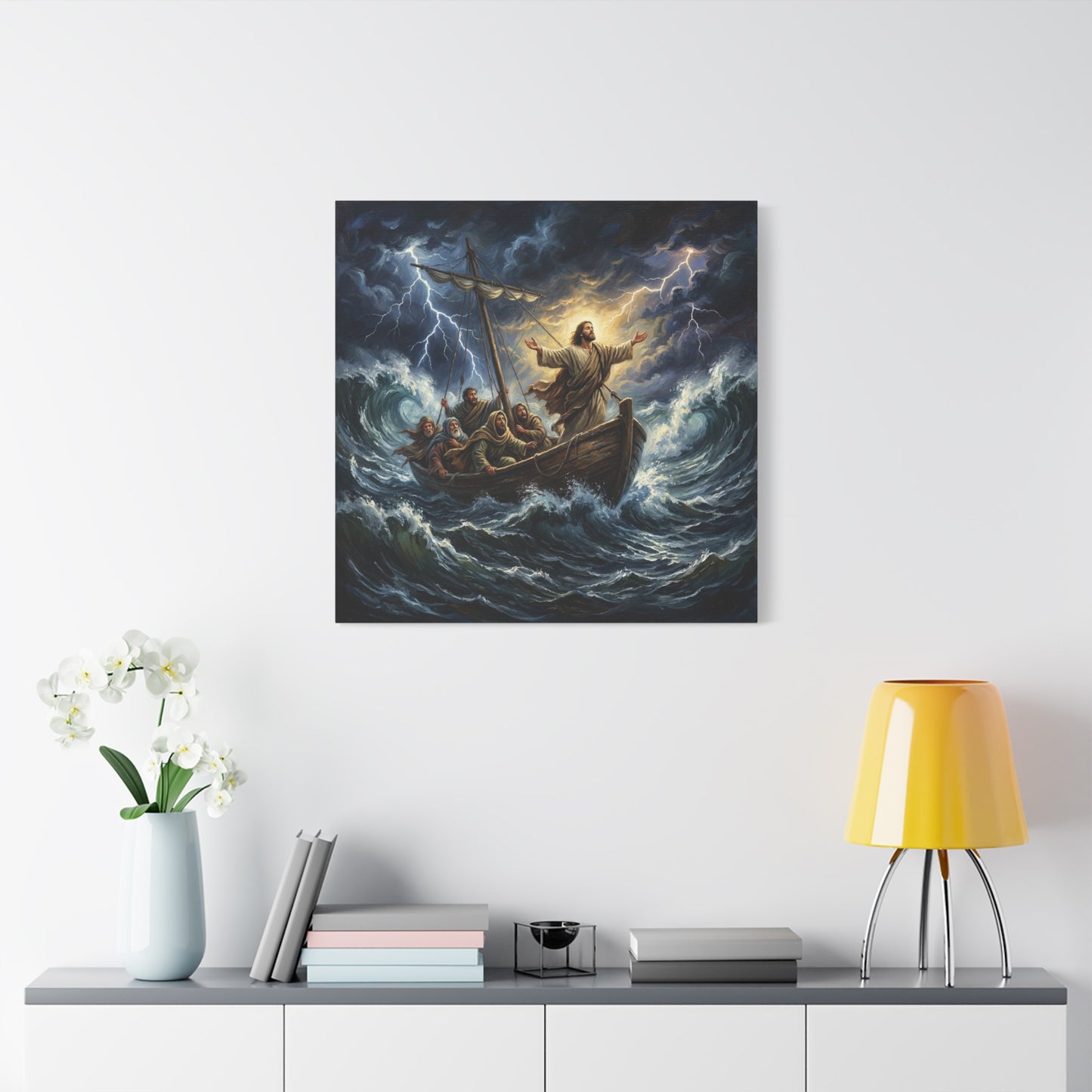 Jesus Calming The Storm Canvas Wall Art - Bible Boat Sea Scene, Dramatic Lightning Waves - Cotton Matte Print - Traditional Religious Decor For Living Room Office Bedroom - Living Room Wall Decor
