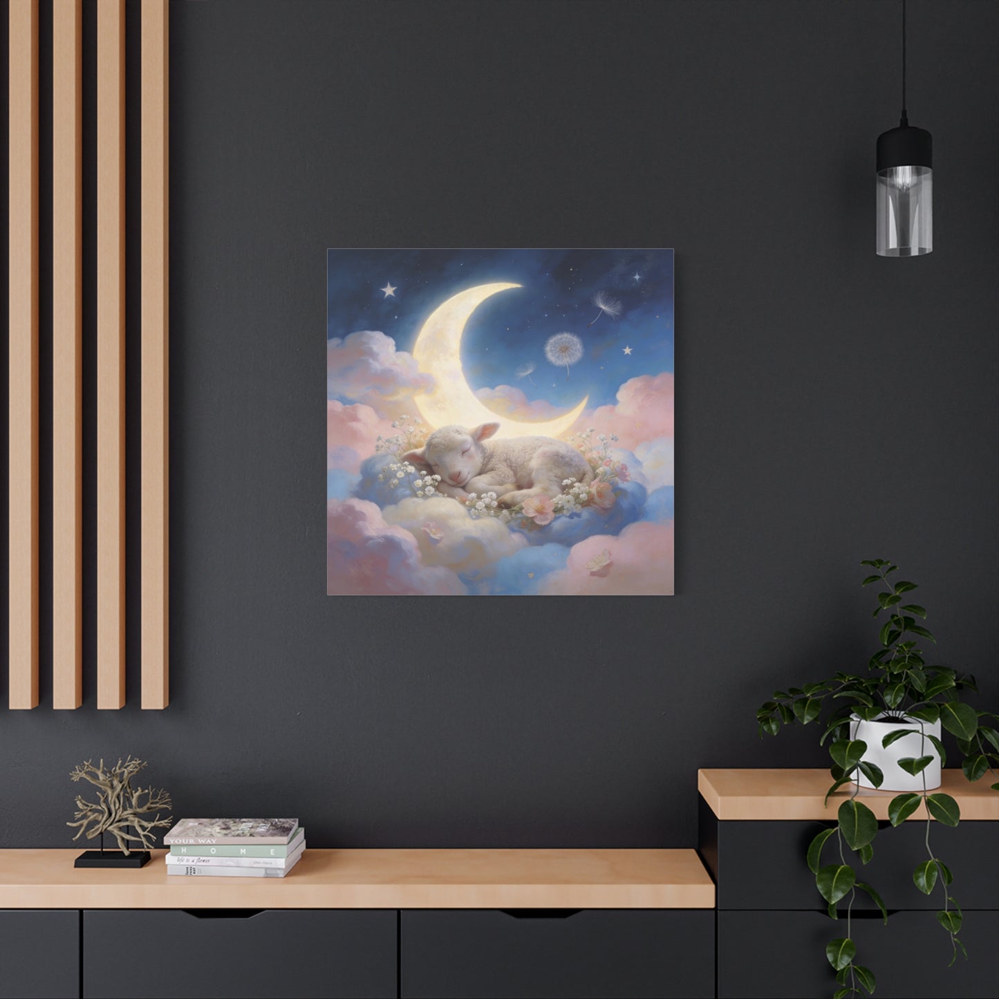 Sleeping Lamb Canvas Wall Art - Crescent Moon, Stars, Pink Clouds Nursery Decor - Dreamy Pastel Animal Painting, Bedroom Home Decoration, Bohemian Wall Hanging, Kids Room Accent - Ready to Hang