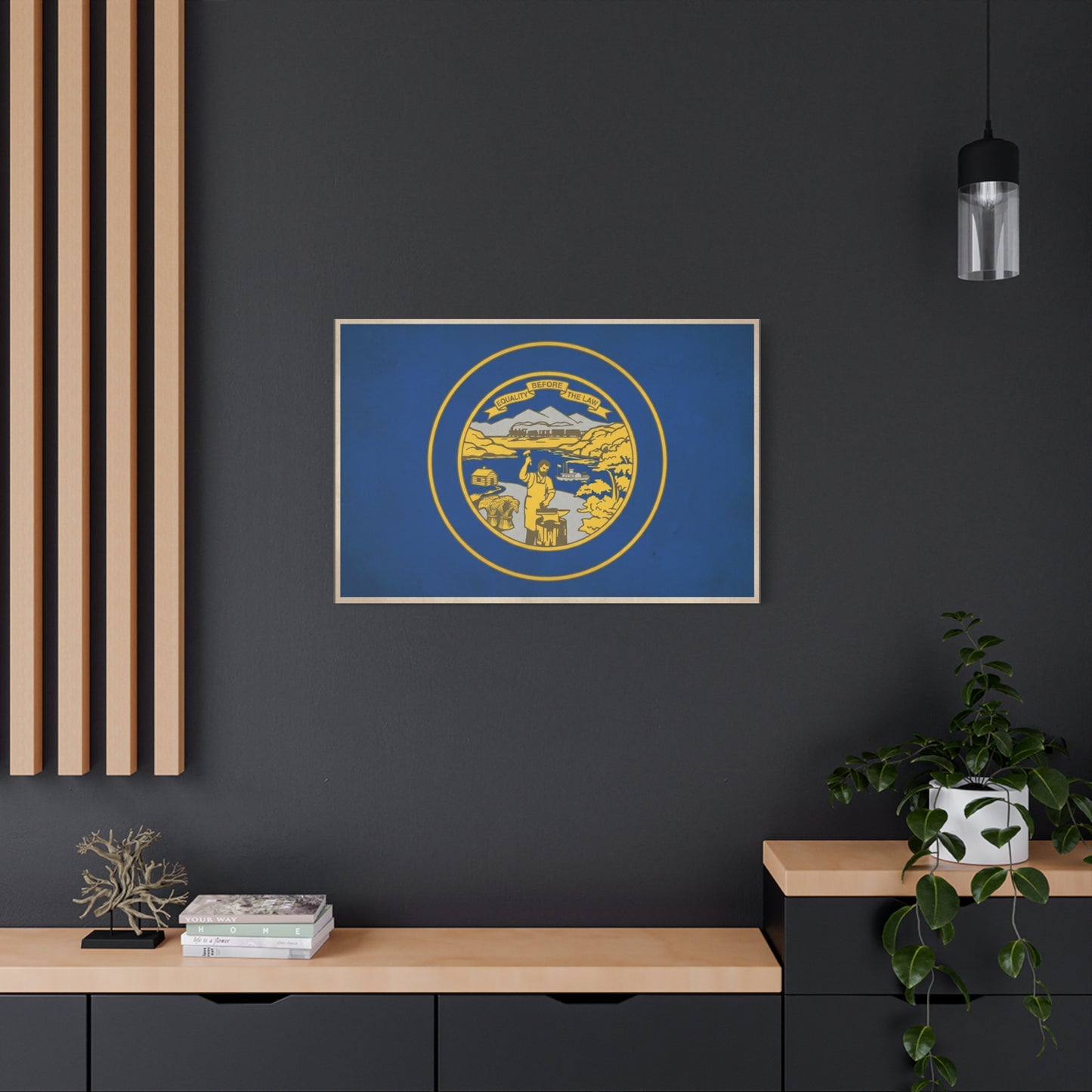 "Equality Before The Law" Kansas State Flag Canvas Wall Art - Blue Gold Sunflower State Seal Print - Vintage Americana Style, Living Room Wall Decor, Office Home Decoration - Bedroom Home Decoration