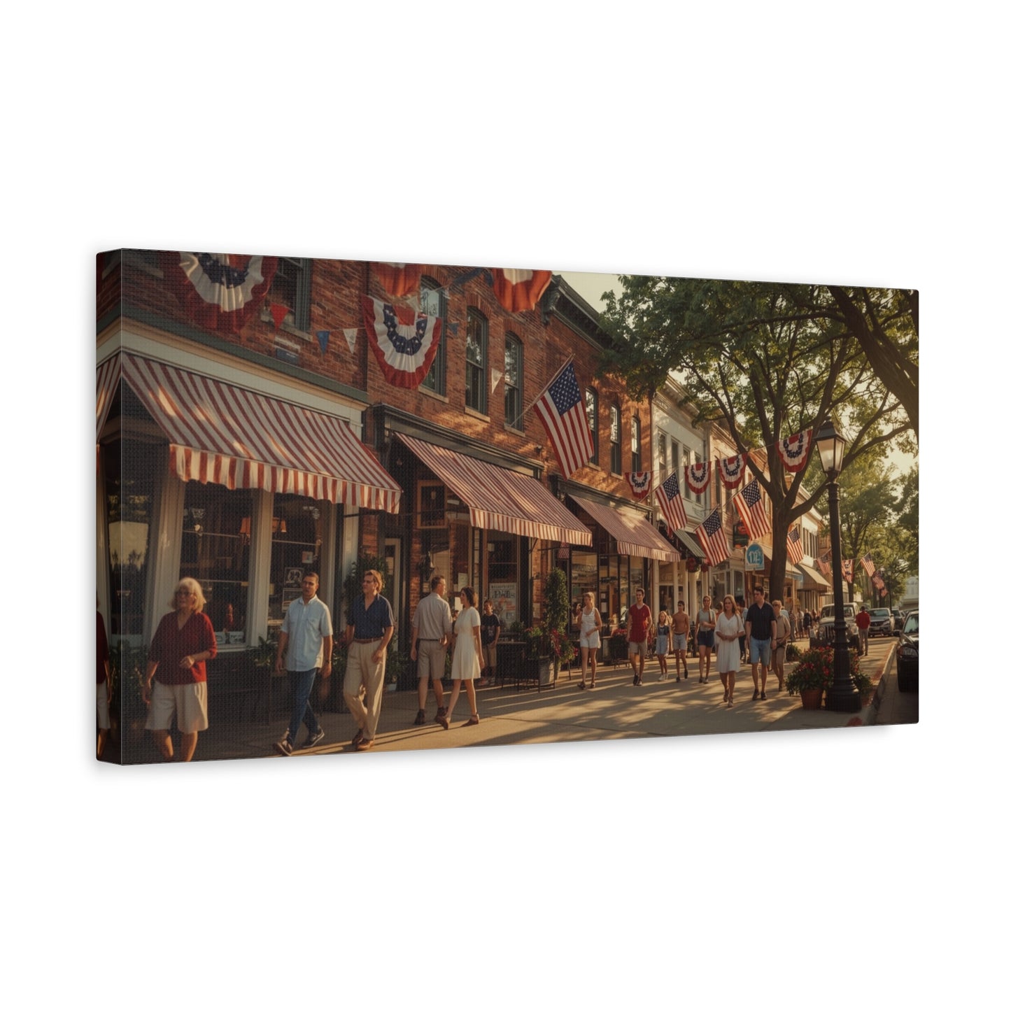 Patriotic Main Street Canvas Wall Art - American Flag Small Town Streetscape, Golden Hour Art Print - Vintage Americana Style - Living Room Wall Decor, Office Art Accent - Ready to Hang