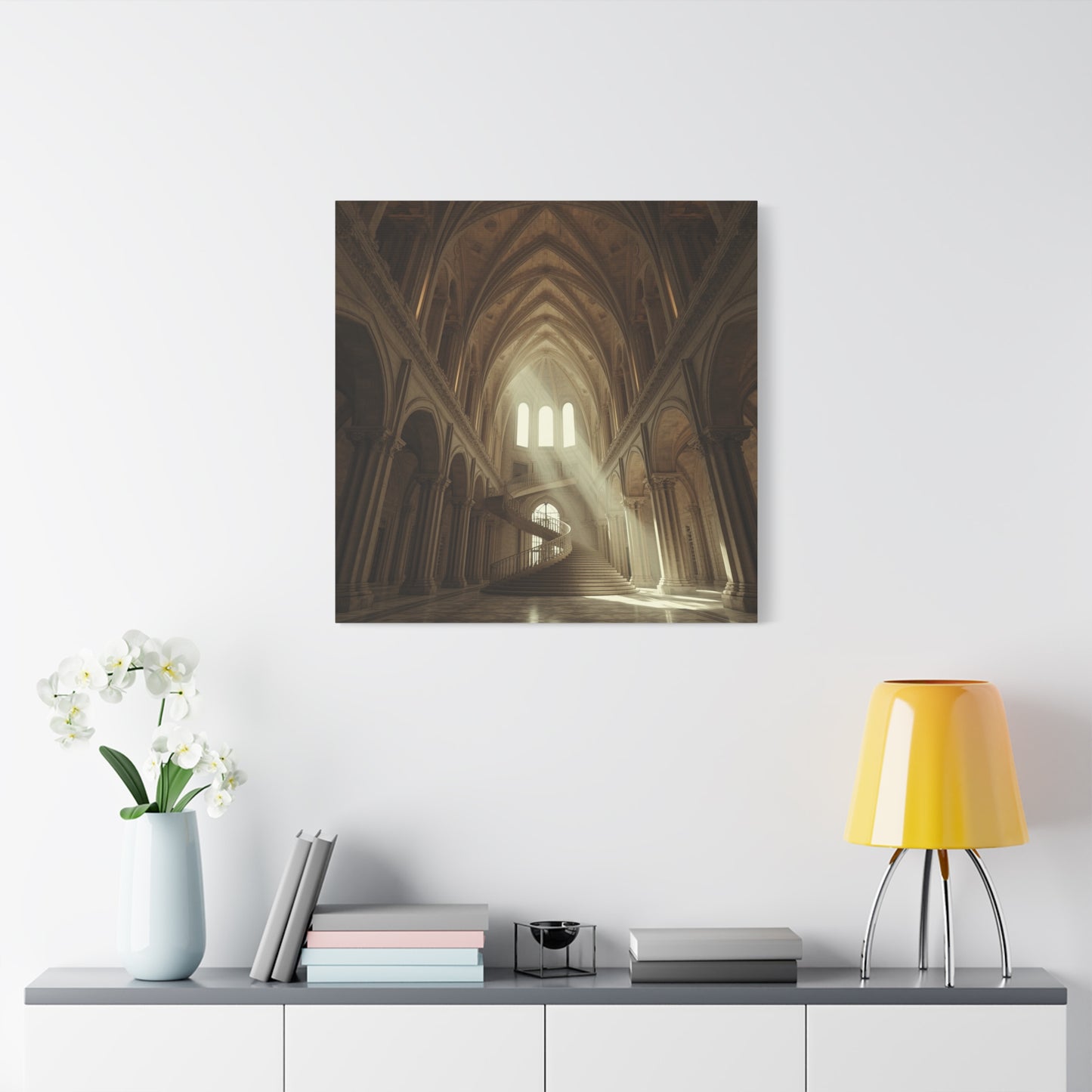 Gothic Cathedral Interior Canvas Wall Art - Sunlit Spiral Staircase, Religious Architecture Print - Matte Cotton Canvas - Traditional Style - Living Room Wall Decor, Office Art - Ready to Hang