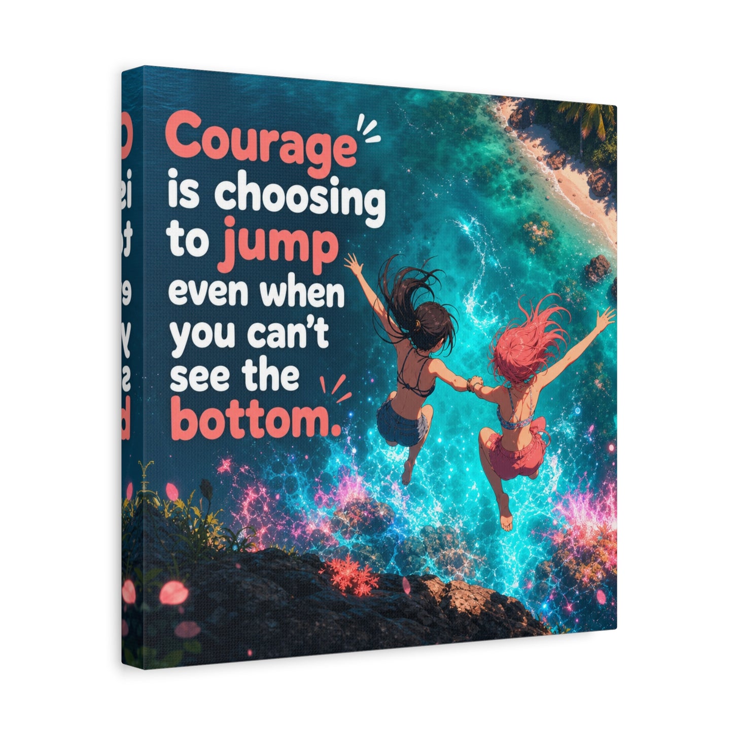 "Courage Is Choosing To Jump Even When You Can't See The Bottom" Canvas Wall Art - Coastal Quote Illustration, Inspirational Ocean Cliff Scene, Bedroom Wall Decor, Teen Space Accent - Ready to Hang