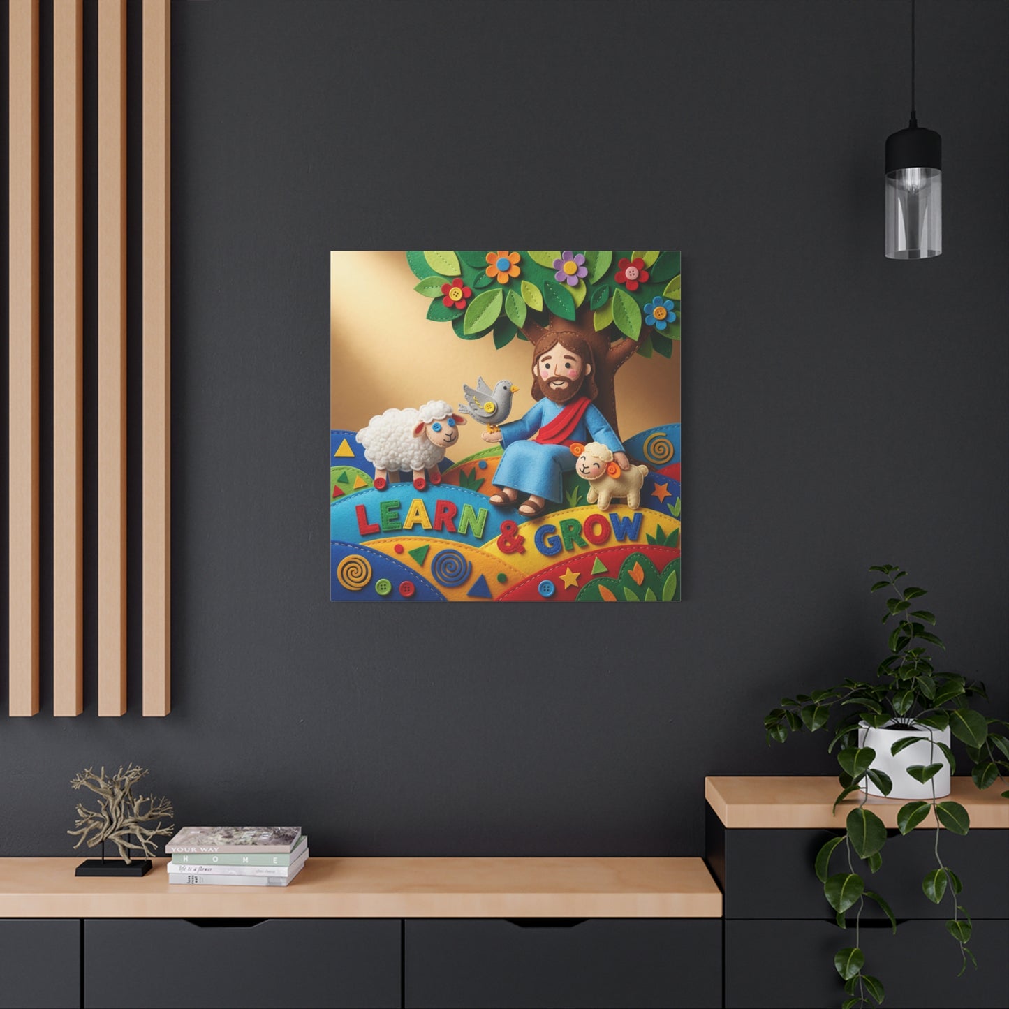 "Learn & Grow" Jesus Canvas Wall Art - Christian Nursery Decor, Lamb And Dove Under Tree - Colorful Felt Style Canvas Print - Kids Room Wall Hanging, Classroom Decoration - Ready to Hang
