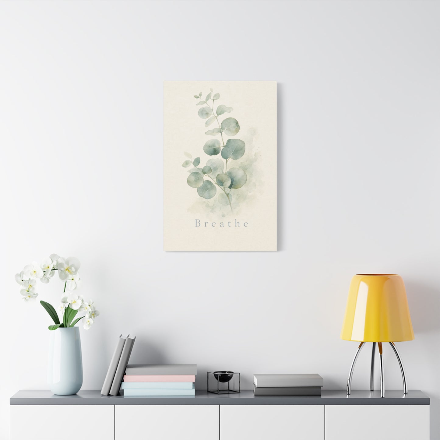 "Breathe" Eucalyptus Canvas Wall Art - Minimalist Botanical Sage Green Wall Decor - Watercolor Leaf Home Decoration - Bedroom Bathroom Spa Style - Calm Nature Print For Living Room - Ready to Hang