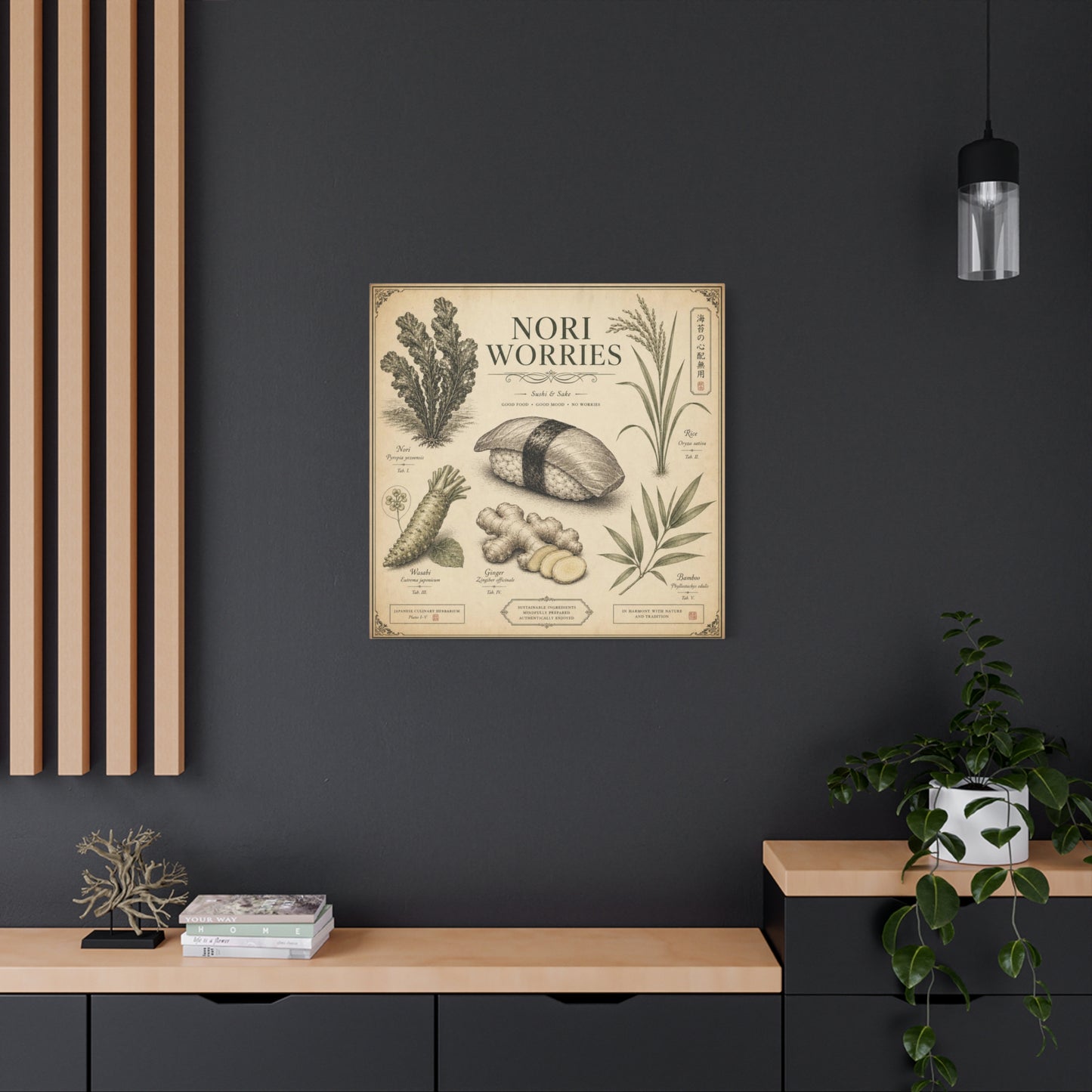 "Nori Worries" Sushi And Sake Canvas Wall Art - Vintage Japanese Culinary Herbarium Print, Rice Nori Wasabi Ginger Bamboo Illustration - Kitchen Wall Decor, Dining Room Accent - Modern Farmhouse Style