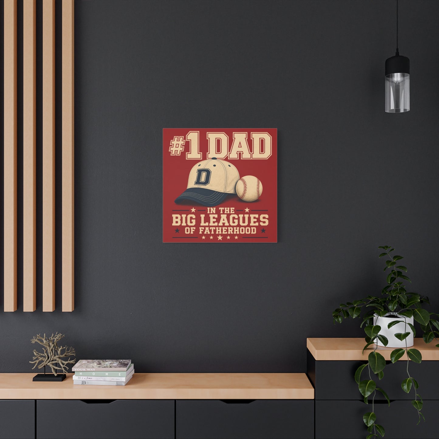 "#1 Dad In The Big Leagues Of Fatherhood" Baseball Canvas Wall Art - Vintage Sports Typography, Cap And Ball Illustration - Rustic Americana Style - Living Room Wall Decor - Bedroom Home Decoration