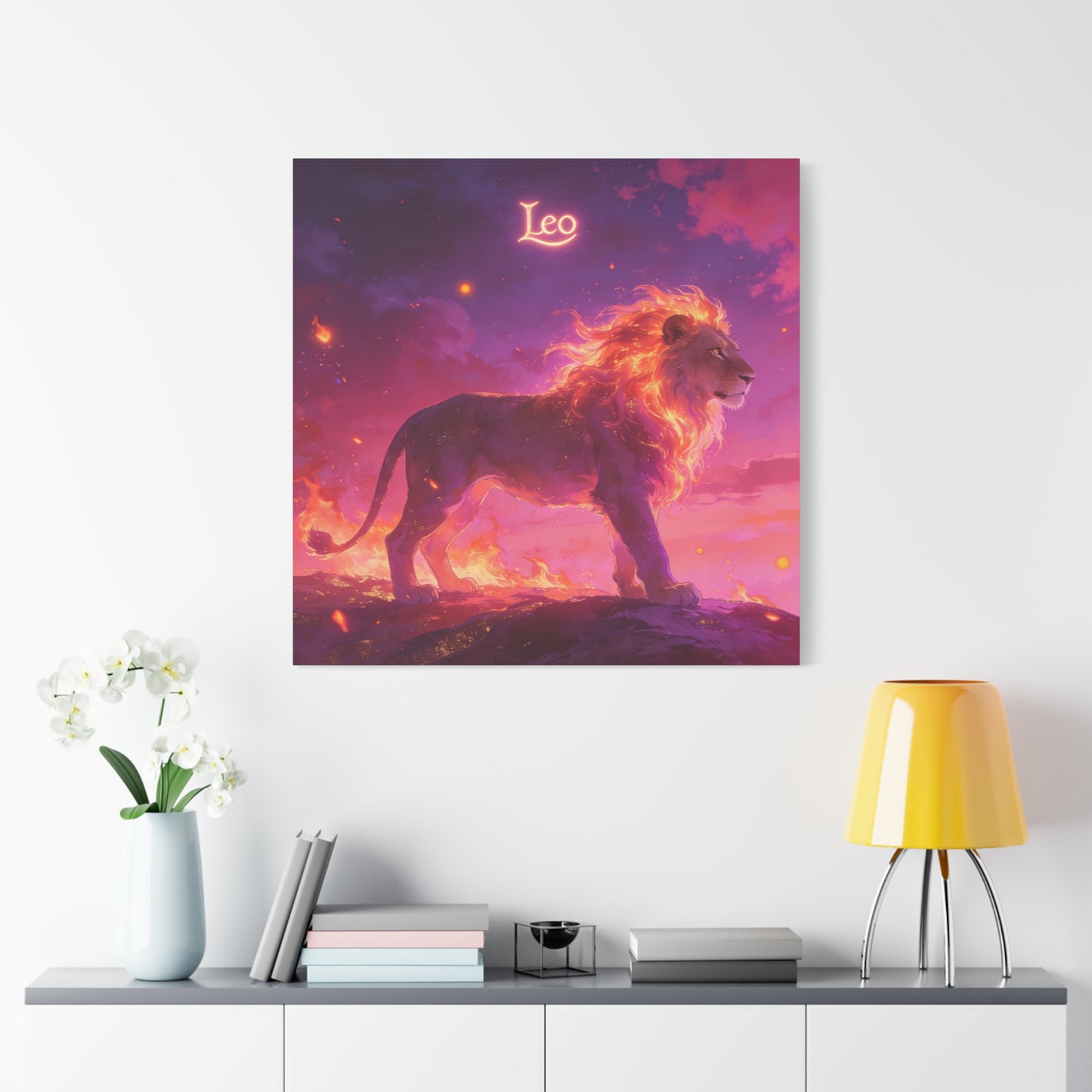 "Leo" Lion Canvas Wall Art - Fiery Zodiac Illustration, Purple Pink Sky, Matte Finish Canvas Print - Modern Astrology Decor, Bedroom Home Decoration, Office Wall Art Accent - Bedroom Home Decoration